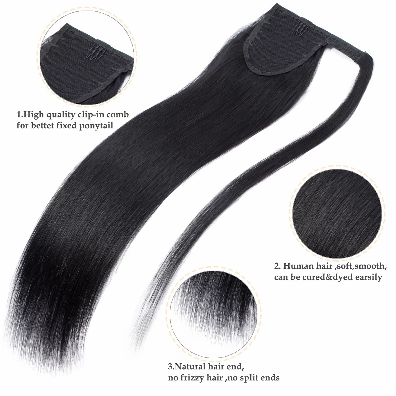 Benehair Clip in Ponytail Hair Extensions Human Hair Ponytail Wrap Around Remy Hair One Piece Silky Straight Human Hair Extensions 22inch #01 Jet Black 95g/pack