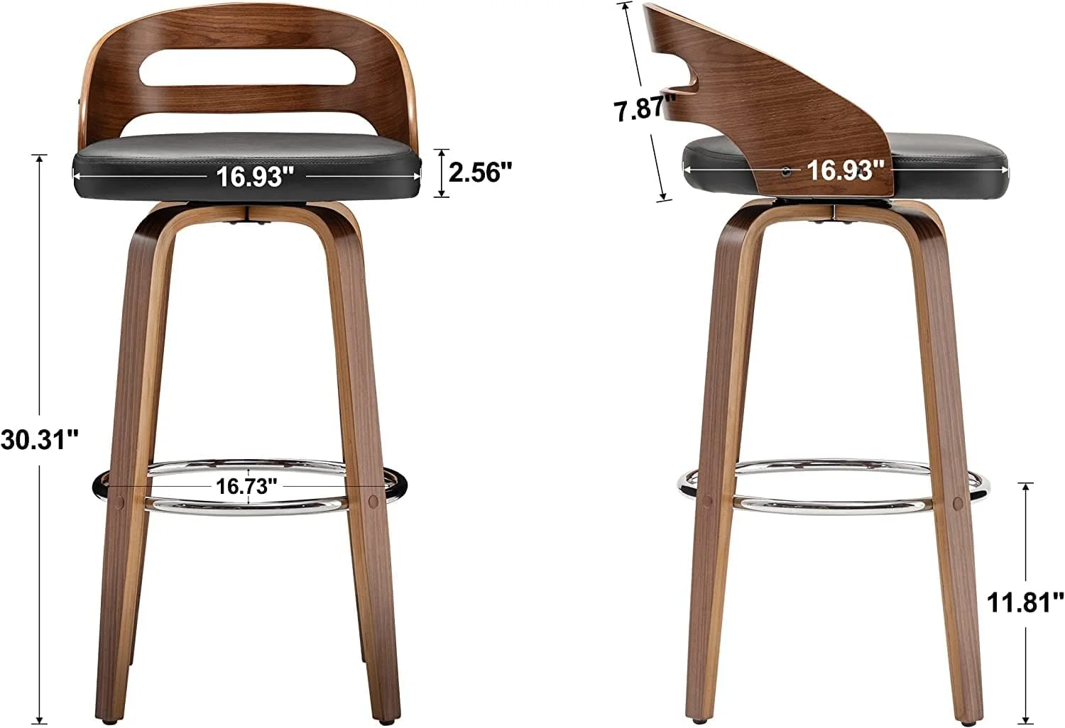 U-ToBe Bar Stools Set of 2, Swivel Bar Height Stools with Low Back, Wood Bar Chairs with Soft Cushion Seat, 30.31-Inch Seat Height (Black, 30