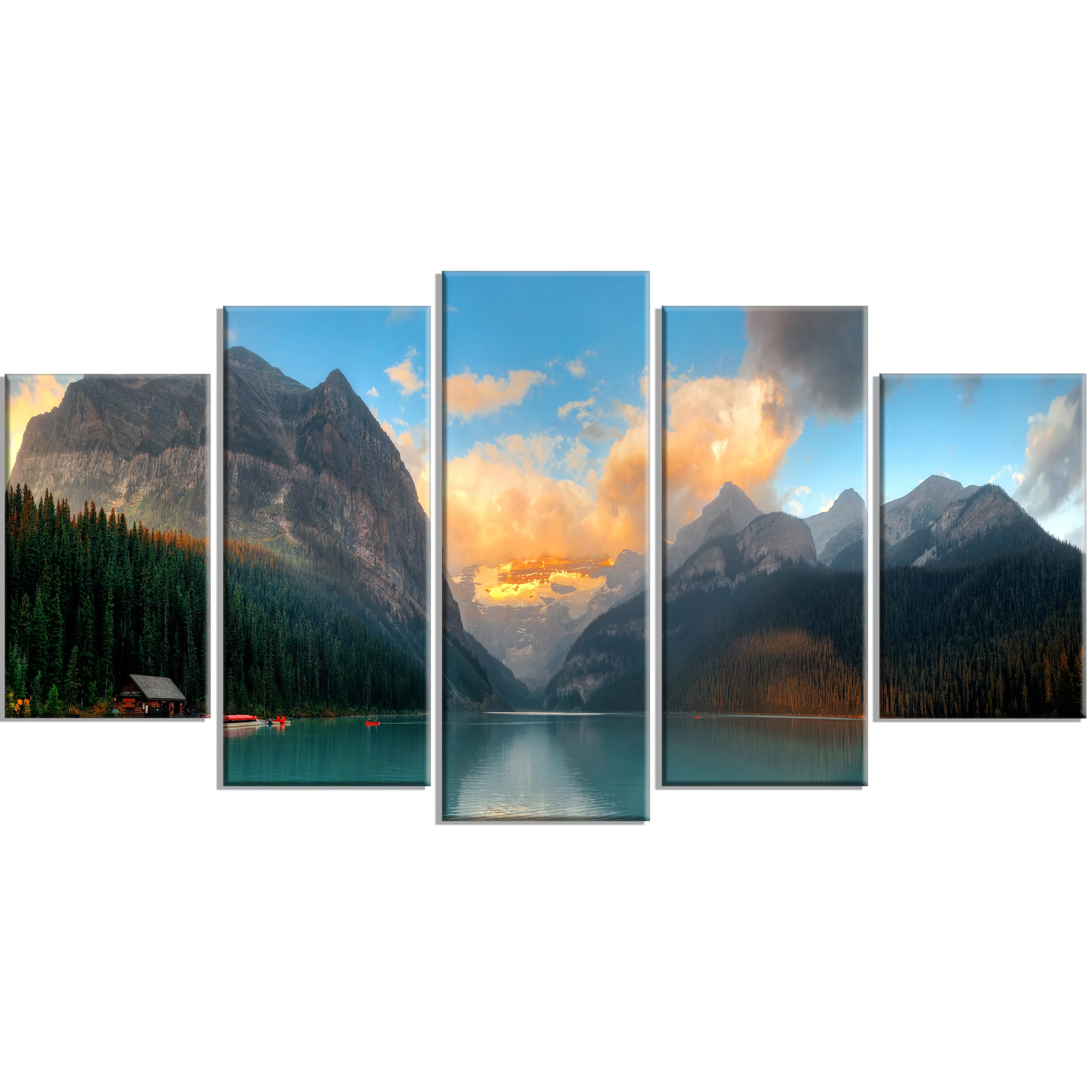 DESIGN ART Lake Louise Sunrise Banff Park - Modern Seascape Canvas Artwork Print - Multi-color 60 in. wide x 32 in. high - 5 Panels Diamond Shape