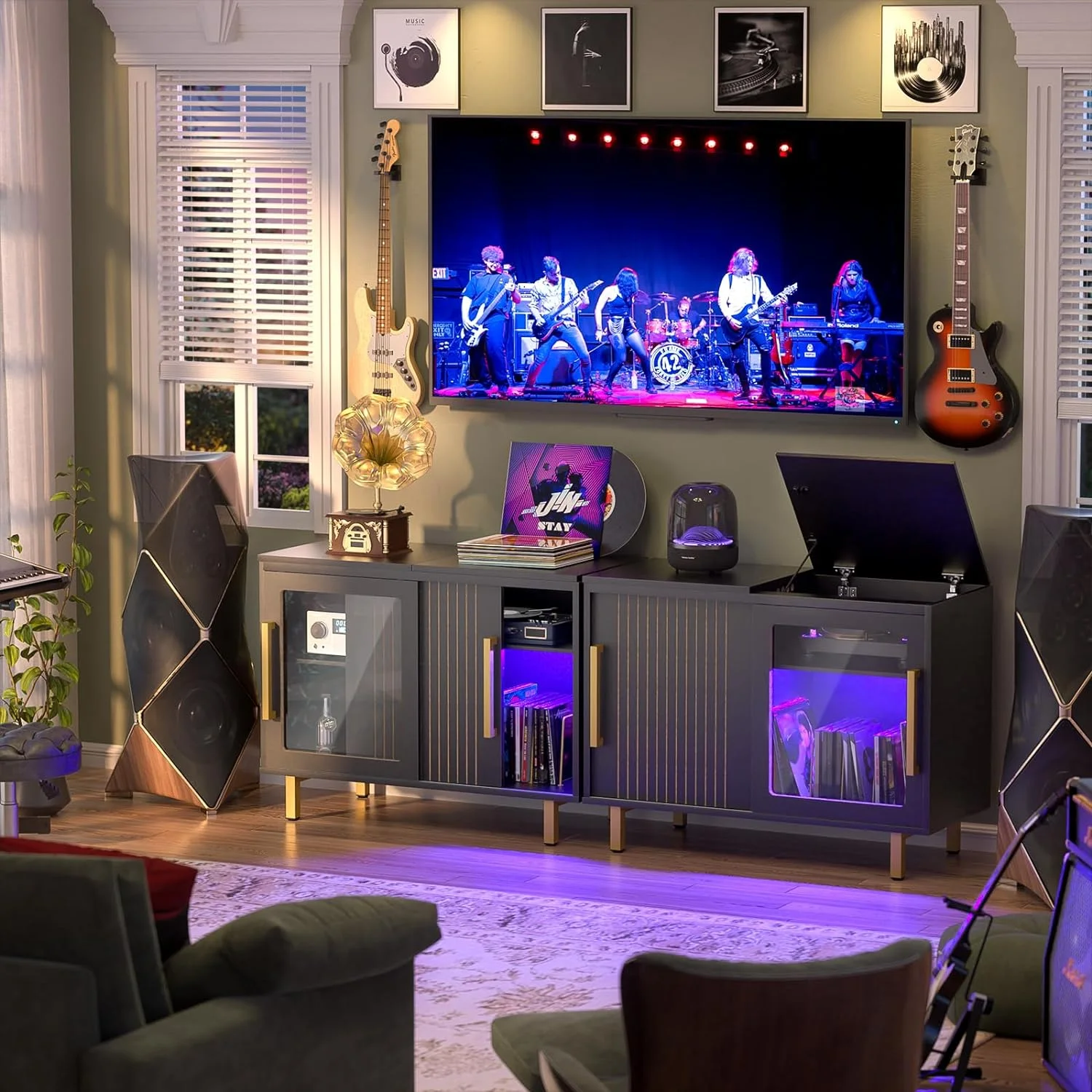 Flippable Record Player Stand, Mid-Century Album Storage Cabinet with LED Light Up to 300 Albums, 39.4'' Vinyl Record Stand, Slide Stereo Console with 2 Reversible Doors for Bedroom, Black