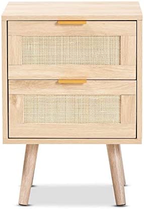 Mid-Century Modern Light Oak Brown Finished Wood and Rattan 2-Drawer Nightstand
