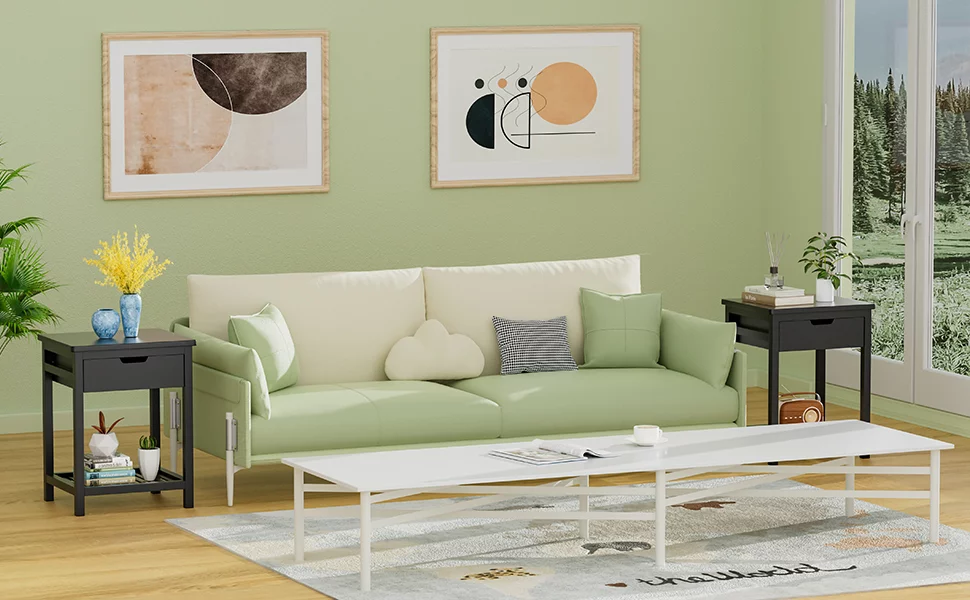 Nightstand with Drawer, Bamboo, Nightstand, Small Cabinet Black-