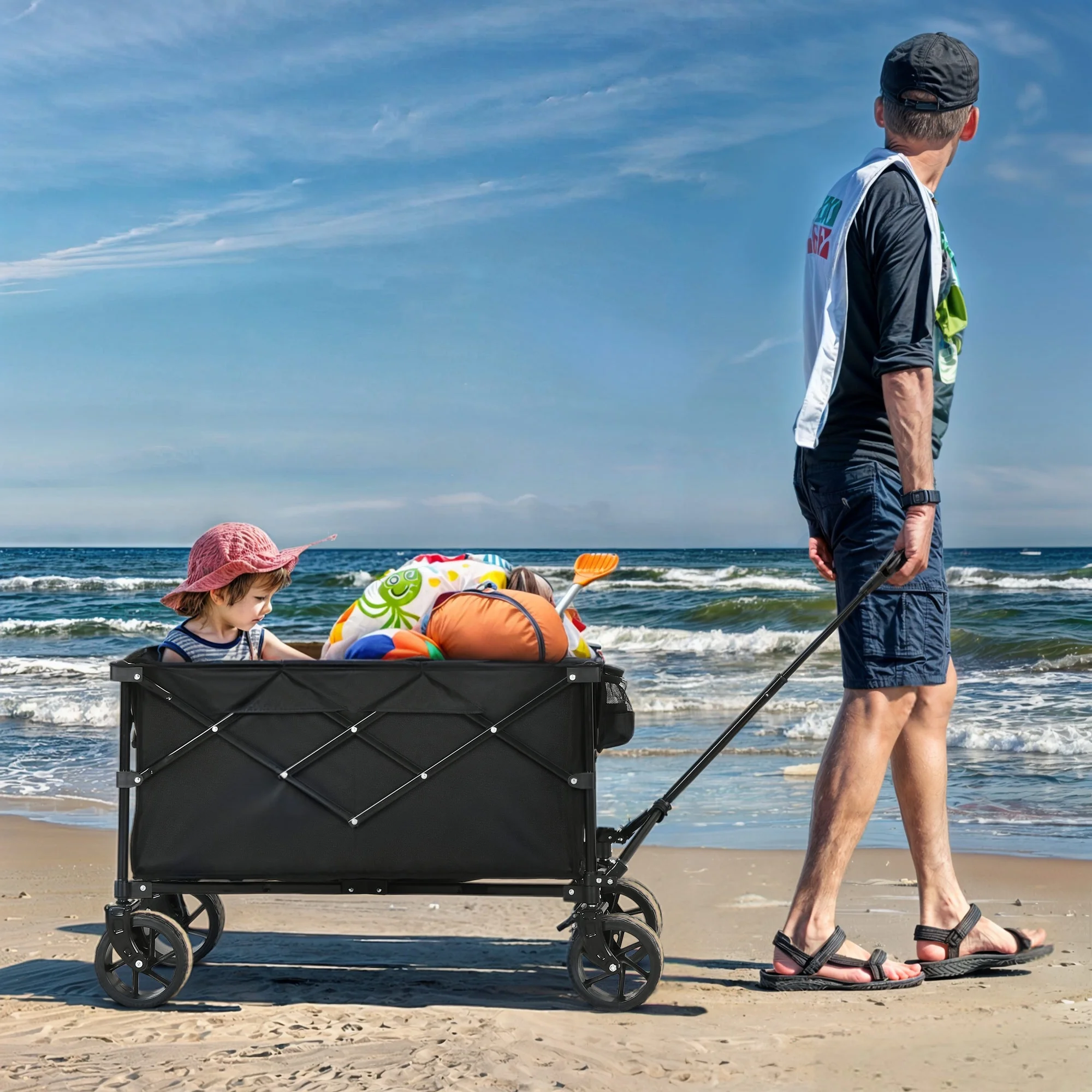 Dextrus Collapsible Foldable Wagon, 146L Capacity 220LBS Heavy Duty Utility Wagons Carts with Big Wheels and Brakes Portable for Outdoor Sand Beach Shopping Camping Garden