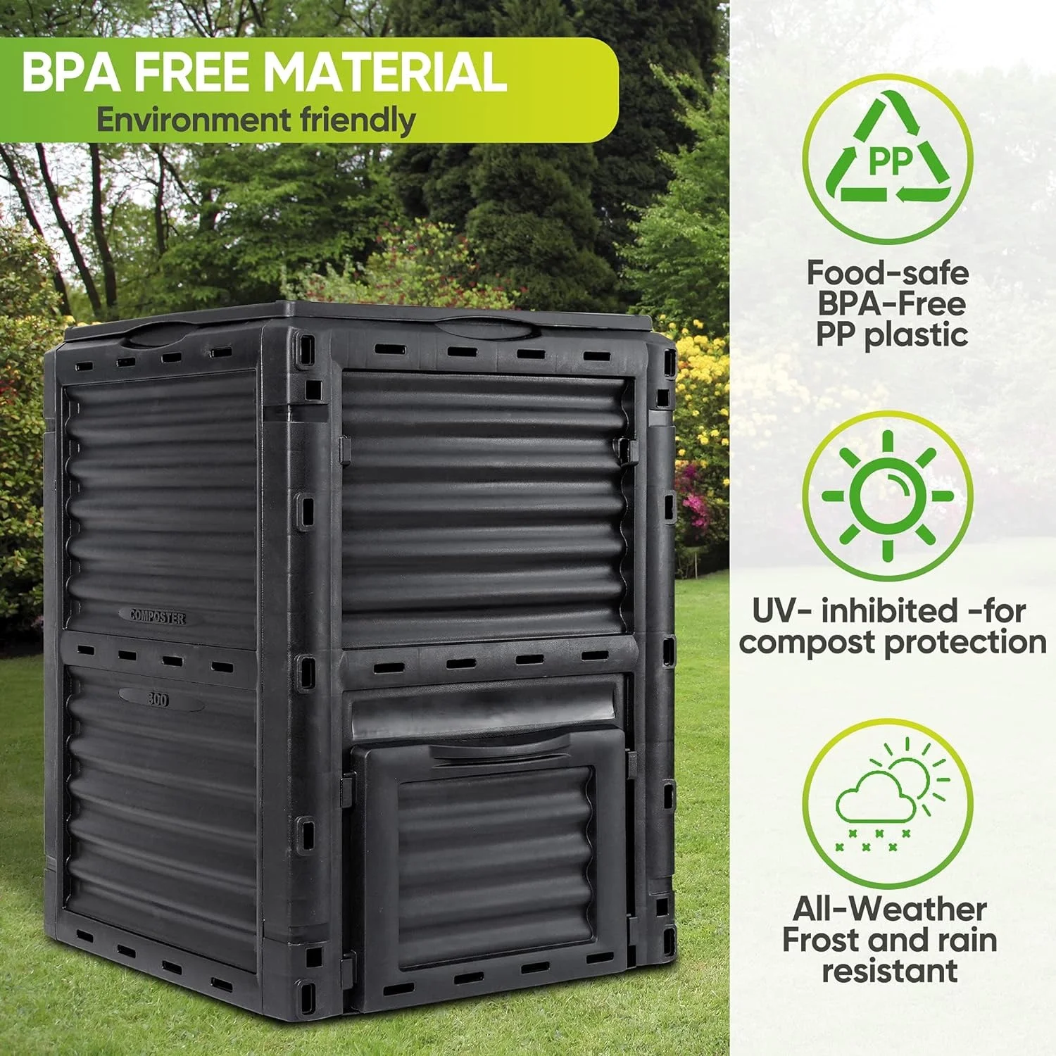 Garden Compost Bin 80 Gallon (300 L) from BPA Free Material, Large Composting Bin Outdoor Composter Tumbler, Easy Assembling, Fast Creation of Fertile Soil, Lightweight, Black