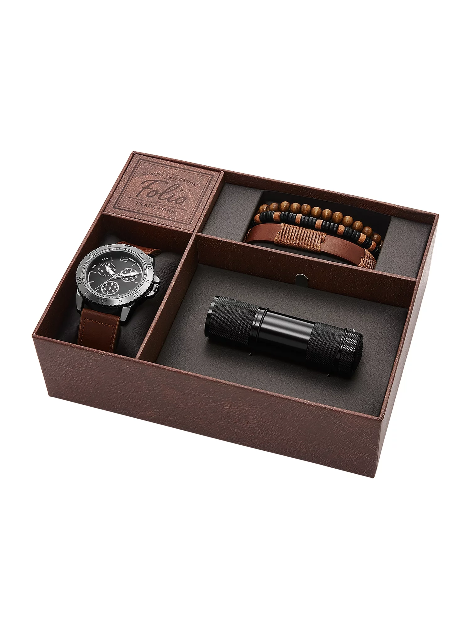 Folio Men's Gunmetal Tone Round Analog Watch with Brown Faux Leather Strap, Layered Bracelets and Black Flashlight Gift Set (FMDAL1163)