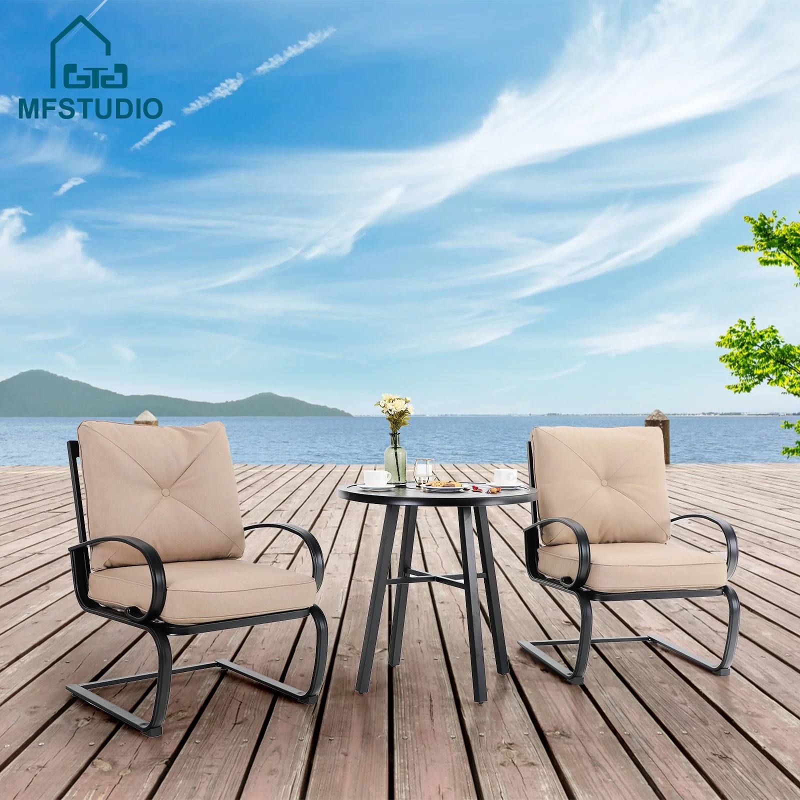 MF Studio 3-Piece Outdoor Patio Set with 2PCS C-Spring Padded Rocking Chairs&1PC Round Bistro Table Accent Garden Furniture, Black&Beige