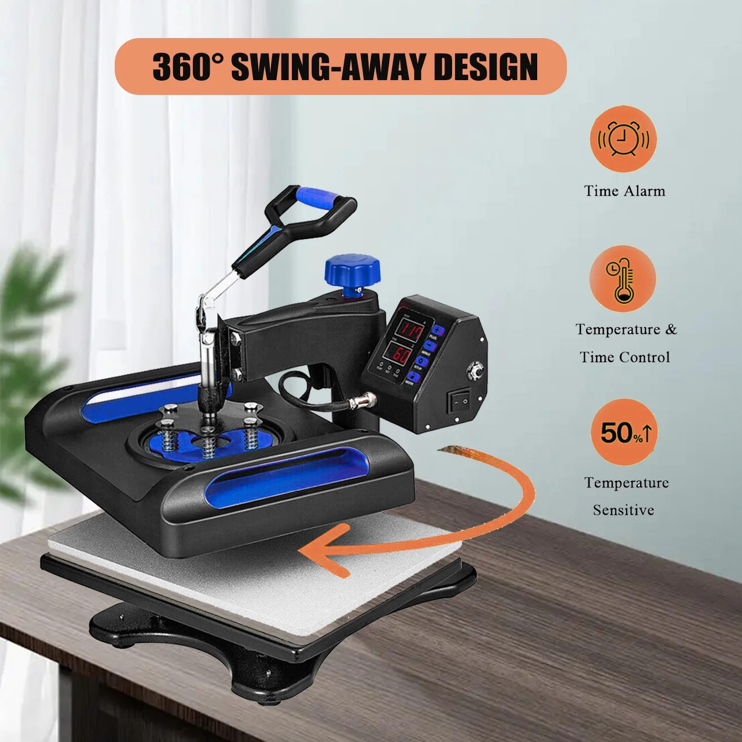 Blue Heat Press Machine 5 in 1, 15 x 15 Inches Sublimation Transfer Printer, Digital Precise LCD Control Printing, 360 Swing Away Vinyl Transfer Printer for T-Shirts, Canvas Bag, Pillow, Banner