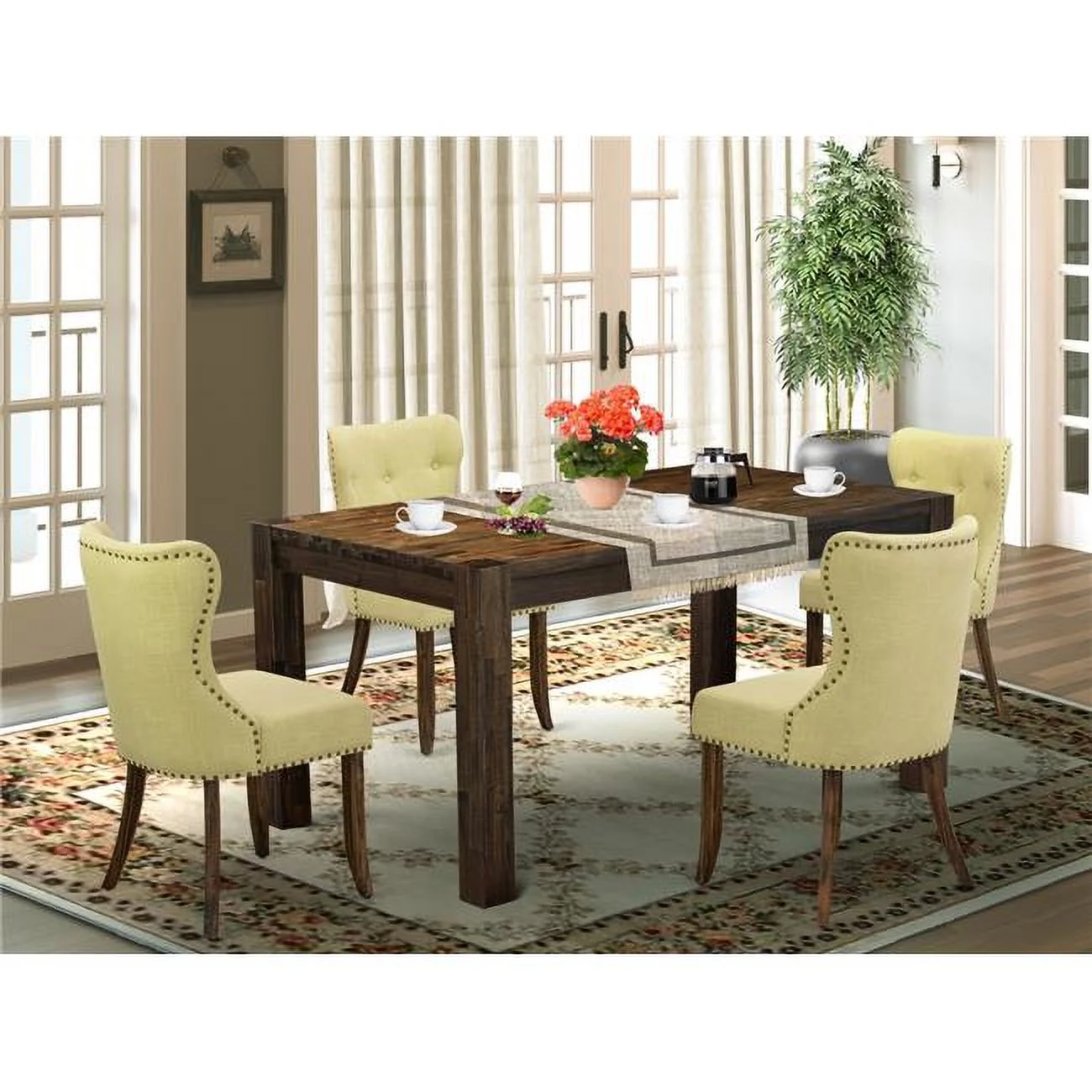 East West Furniture Celina 5-piece Wood Dining Set in Jacobean Brown/Limelight