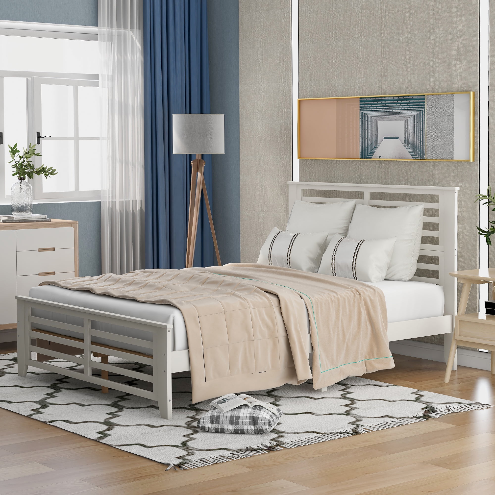 EUROCO Full Size Pine Wood Platform Bed for Kids, White