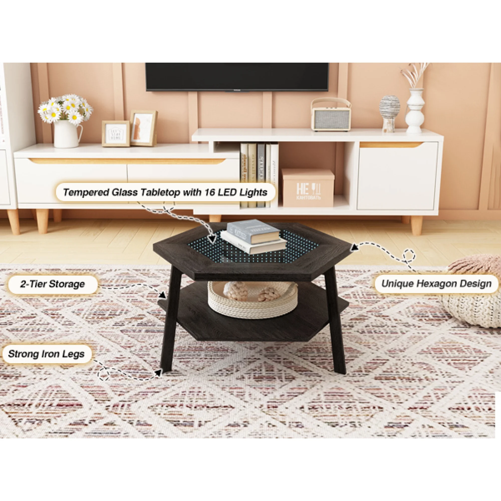 Modern Hexagon Smart Coffee Table with Voice-Activated LED Lights, Bluetooth - Living Room, Reception Room