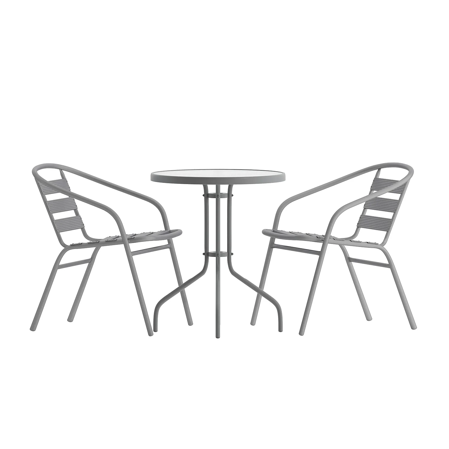 Flash Furniture 23.75'' Round Glass Top Metal Table with 2 Silver Aluminum Slat Stack Chairs
