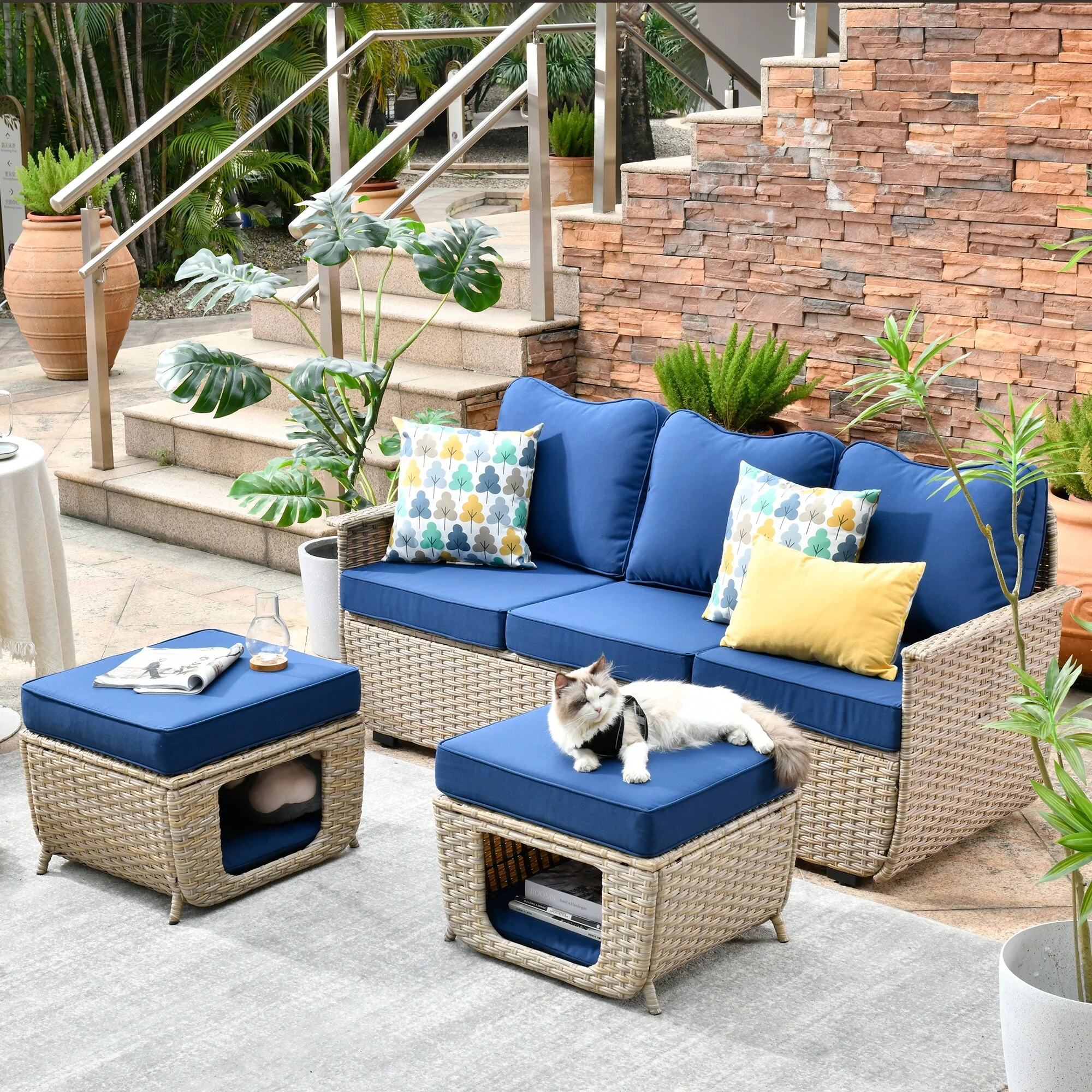 OVIOS  3-piece Patio Pet-Friendly Wicker Multi-function Furniture Beige