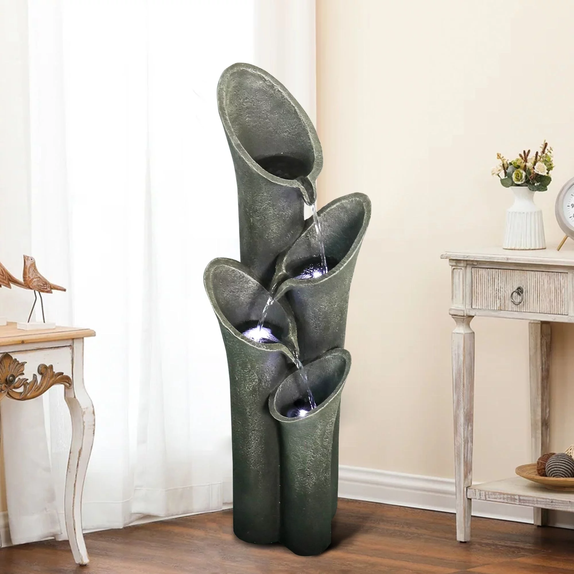 Meedzom 33.5'' Outdoor Water Fountain with Light, Resin Floor Water Fountain for Garden