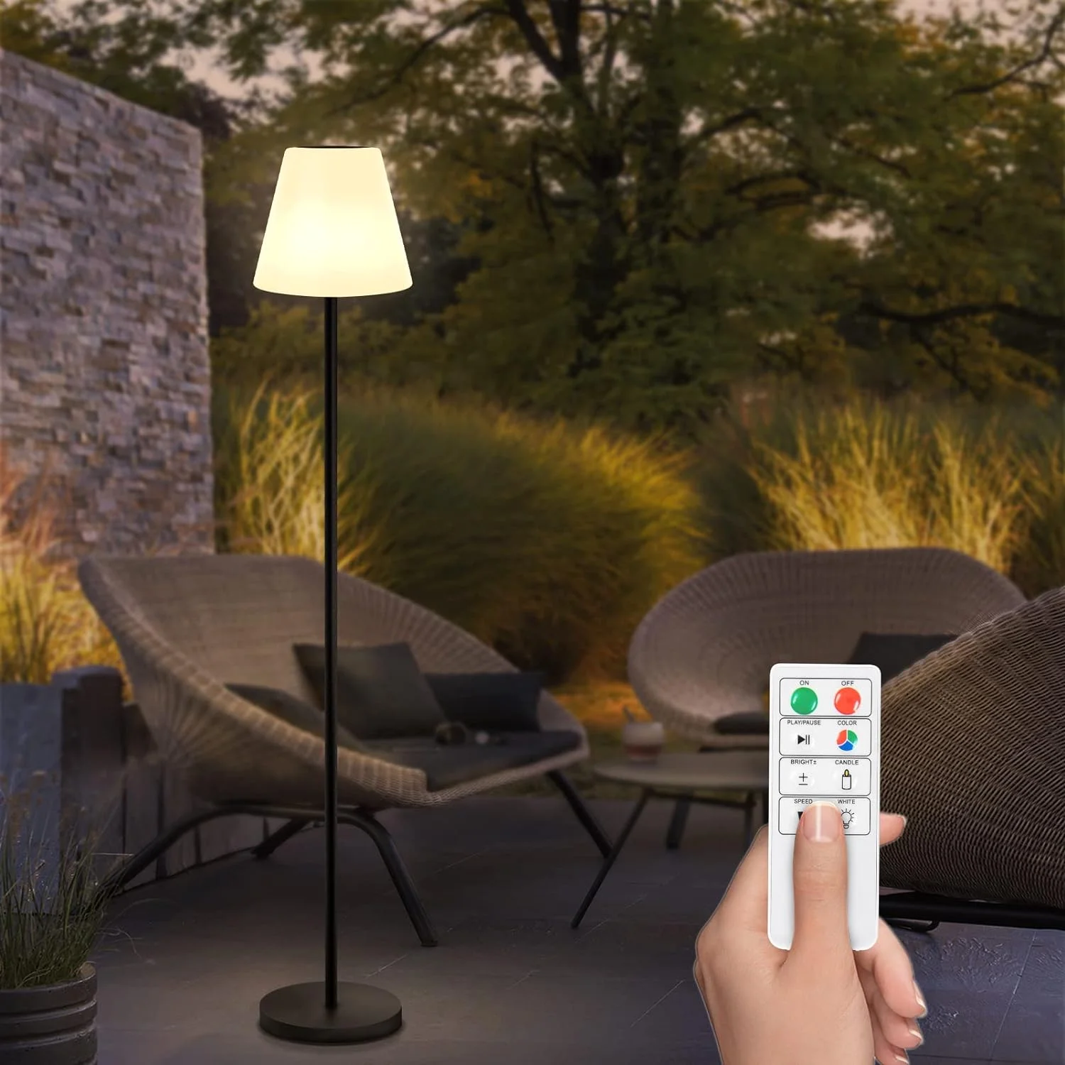 RUO Outdoor Floor Lamp Solar Powered Outdoor Lamps for Patio Waterproof Rechargeable Cordless Solar Floor Lamp with Light Sensor Dimmable RGB Color LED + Height Adjustable for Lawn Yard Indoor