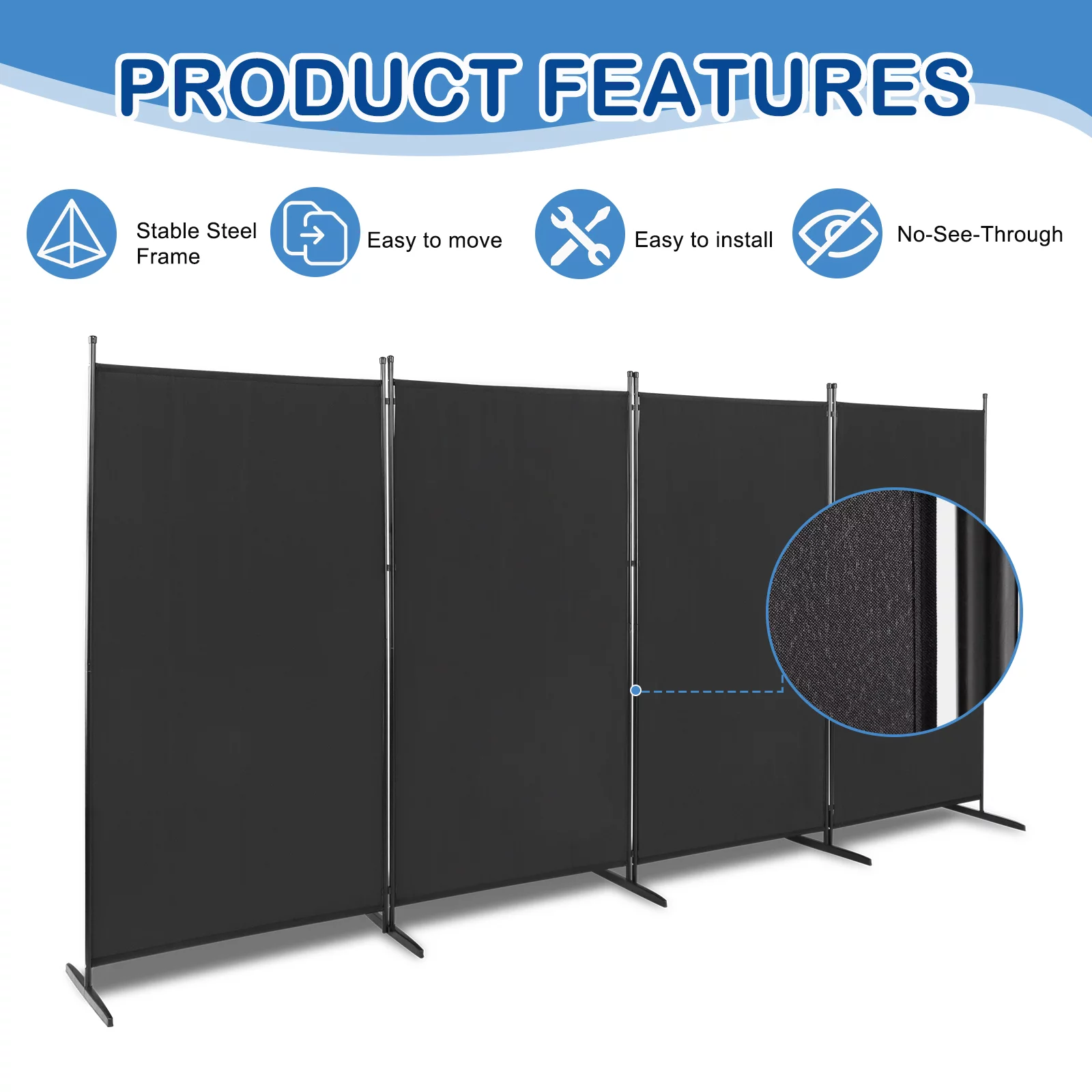 MDHAND 4-Panel Room Divider, 6 Ft Weave Fiber Folding Privacy Screen w/ Carbon Steel Frame, Black