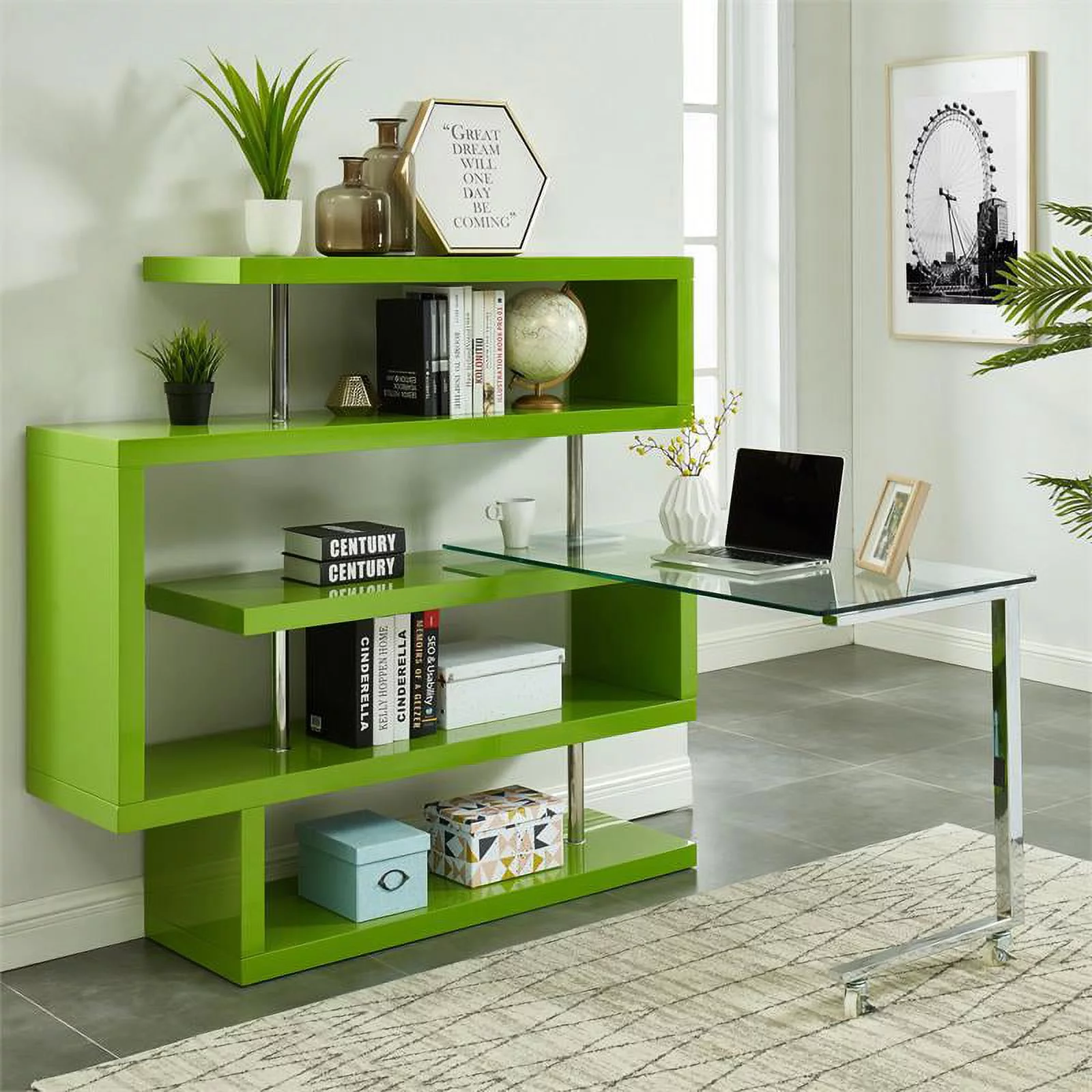 Furniture of America Creema Modern Wood 4-Shelf Bookcase Desk in Green
