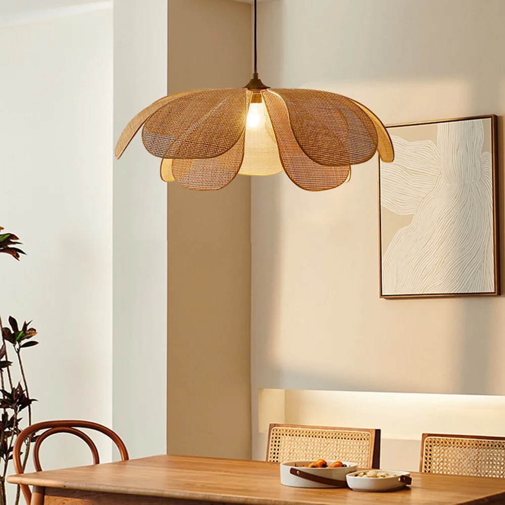 BrightWarmHome Wabi-Sabi Rattan Art Petal Creative Chandelier Hand-woven Rattan Bamboo Pendant Light