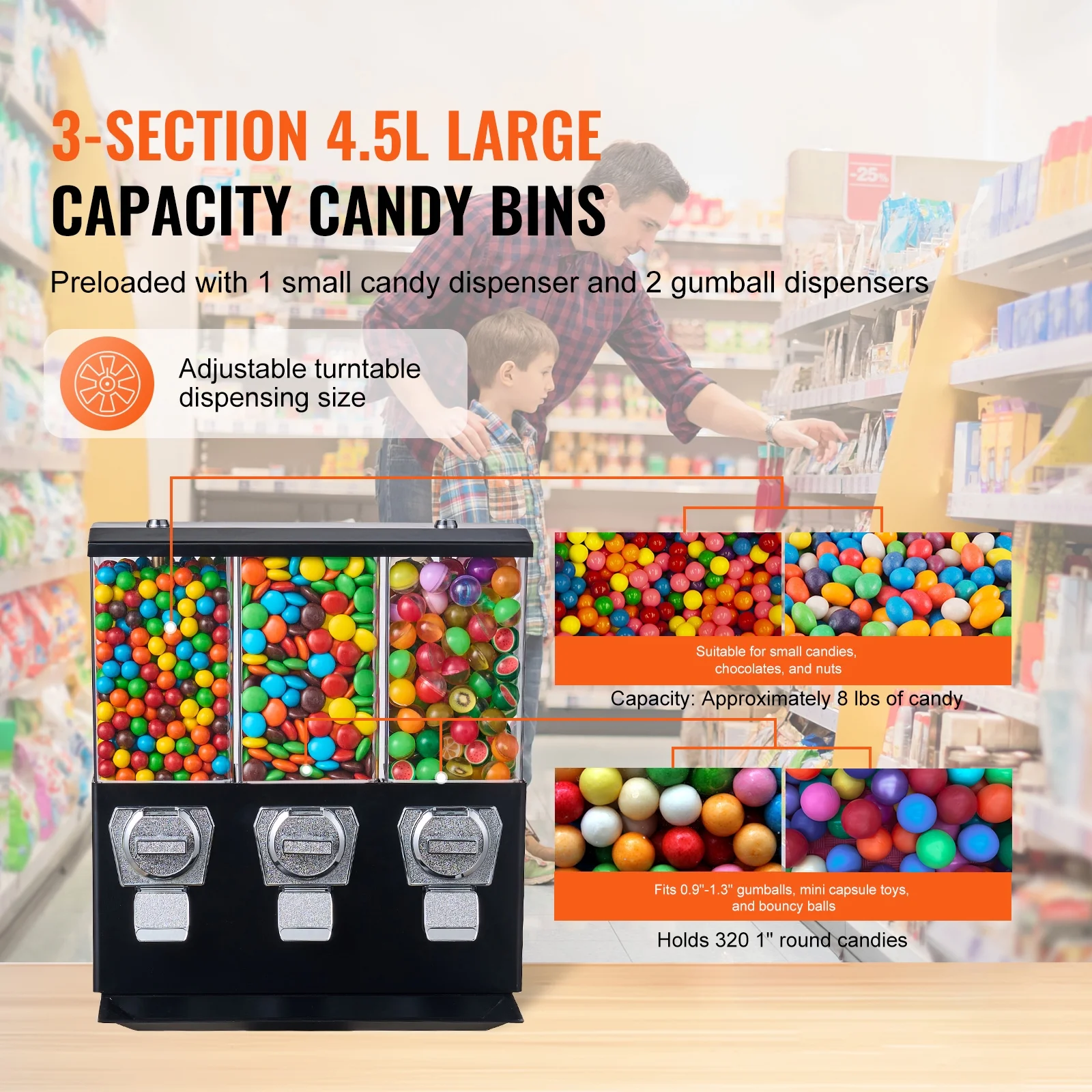 SKYSHALO Black Gum Ball with Stand Vending Machine 44in Height Freestanding Commercial 25 Cents Coin Operated Gumball Bank 3 Compartment Candy Dispenser Vintage Candy Dispenser