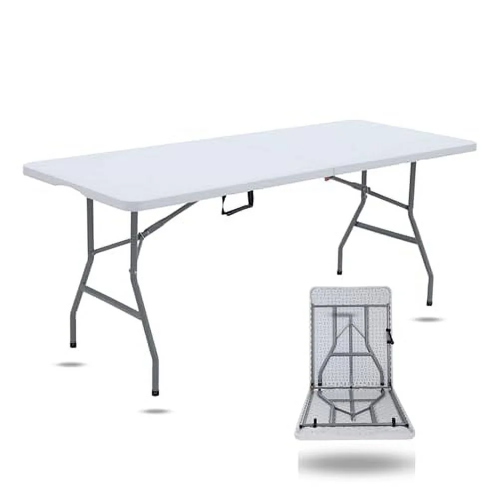 6ft Foldable Heavy Duty Plastic Table - Ideal for Indoor & Outdoor Events: Parties, Picnic, Camping, Weddings, Catering, and Garden Dining - Portable Fold-in-Half Utility Table (White)
