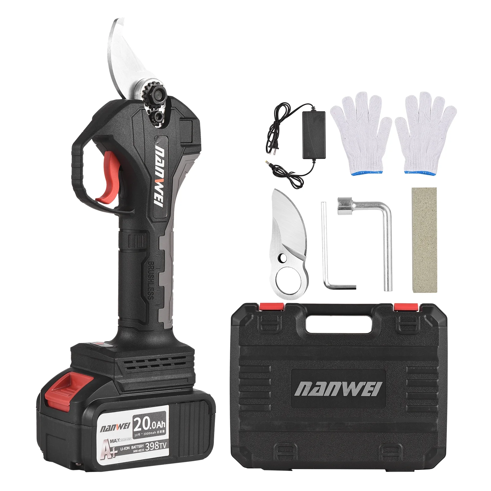 Nanwei 21V Brushless Cordless Electric Pruning Shears Rechargeable 20Ah Lithium Battery Powered Tree Branch Pruner Garden Clippers 30mm Cutting Diameter with Replacement Blade 4000mAh