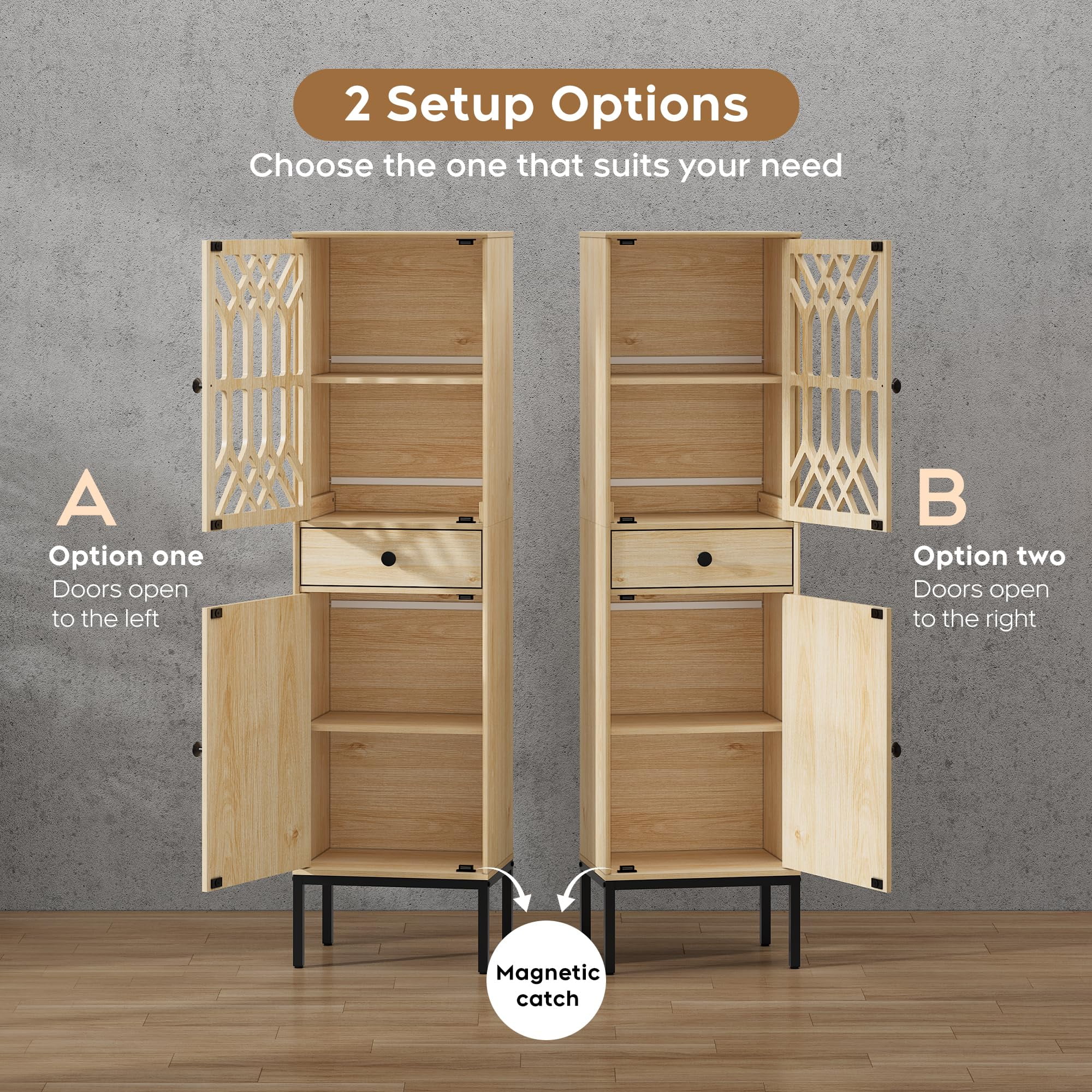 Yechen 2-Piece Tall Cabinet Narrow Linen Arched Cabinet Storage Cabinet Natural Rattan Doors Fretwork Pattern Doors for Living Room Entryway Kitchen Home Office