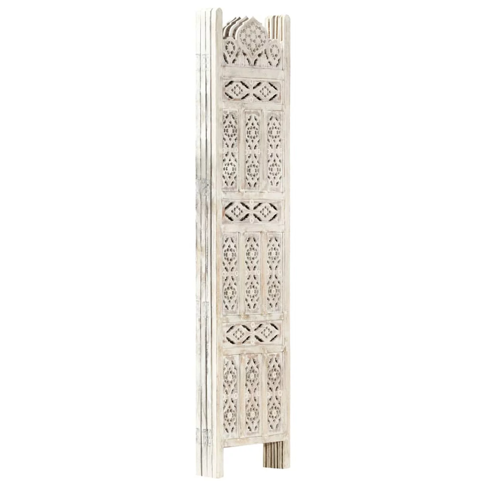 Anself Hand Carved 4-Panel Room Divider Wooden Room Partition Panel Mango Wood Folding Screen White for Bedroom, Bathroom, Living Room, Kitchen, Home Furniture 63in x 65in (W x H)
