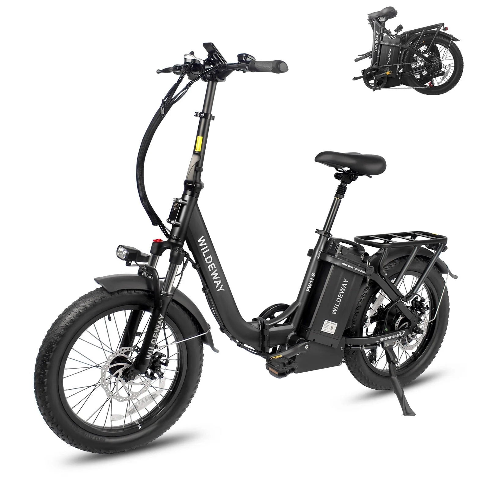 Wildeway Folding Electric Bicycle for Adults ,750w Motor，48v 32ah Removable Battery , 7 Speeds, 20×3.0 Fat Tire Snow Mountain Beach City Ebike Black