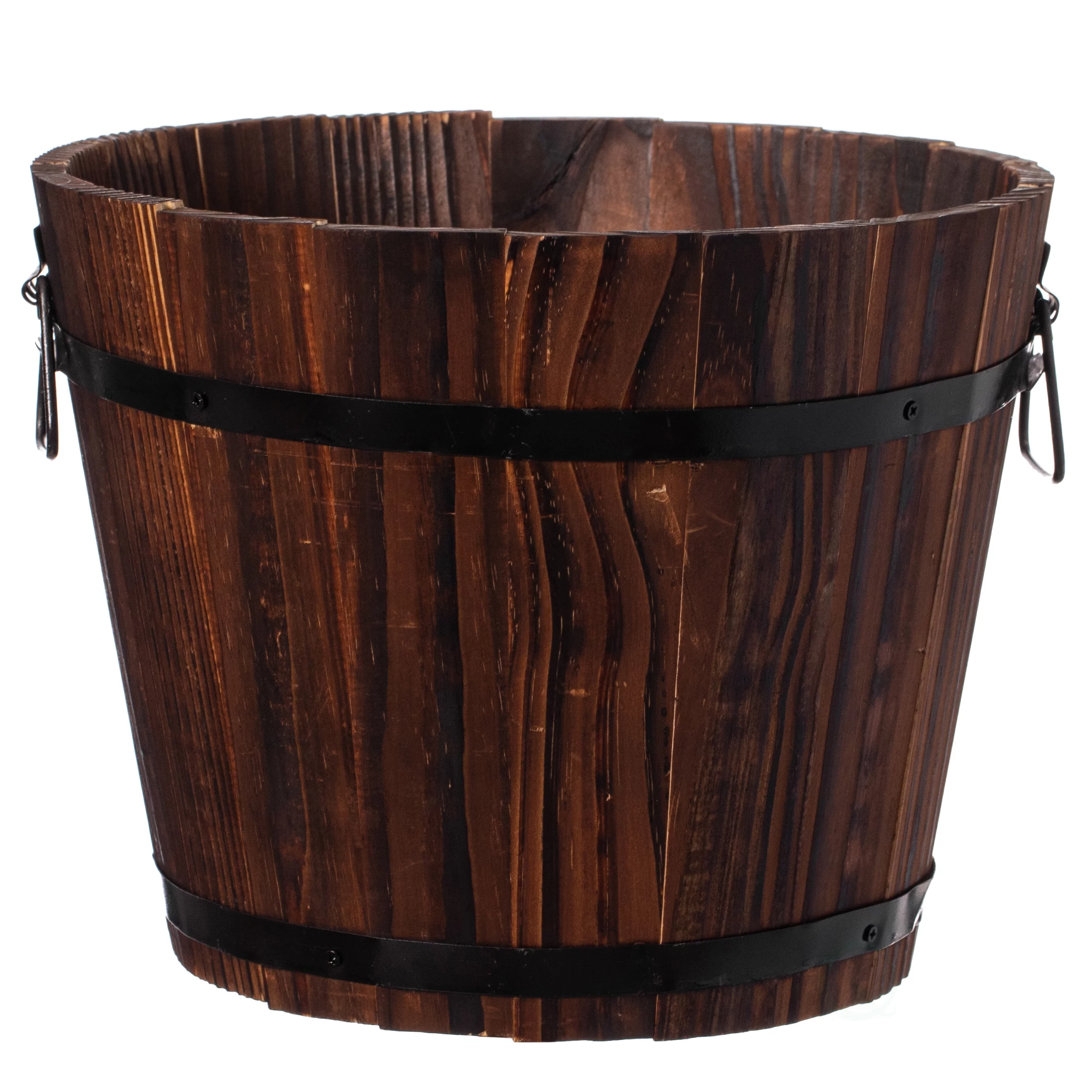 Rustic Wooden Whiskey Barrel Planter with Durable Medal Handles and Drainage Holes - Perfect for Indoor and Outdoor Use