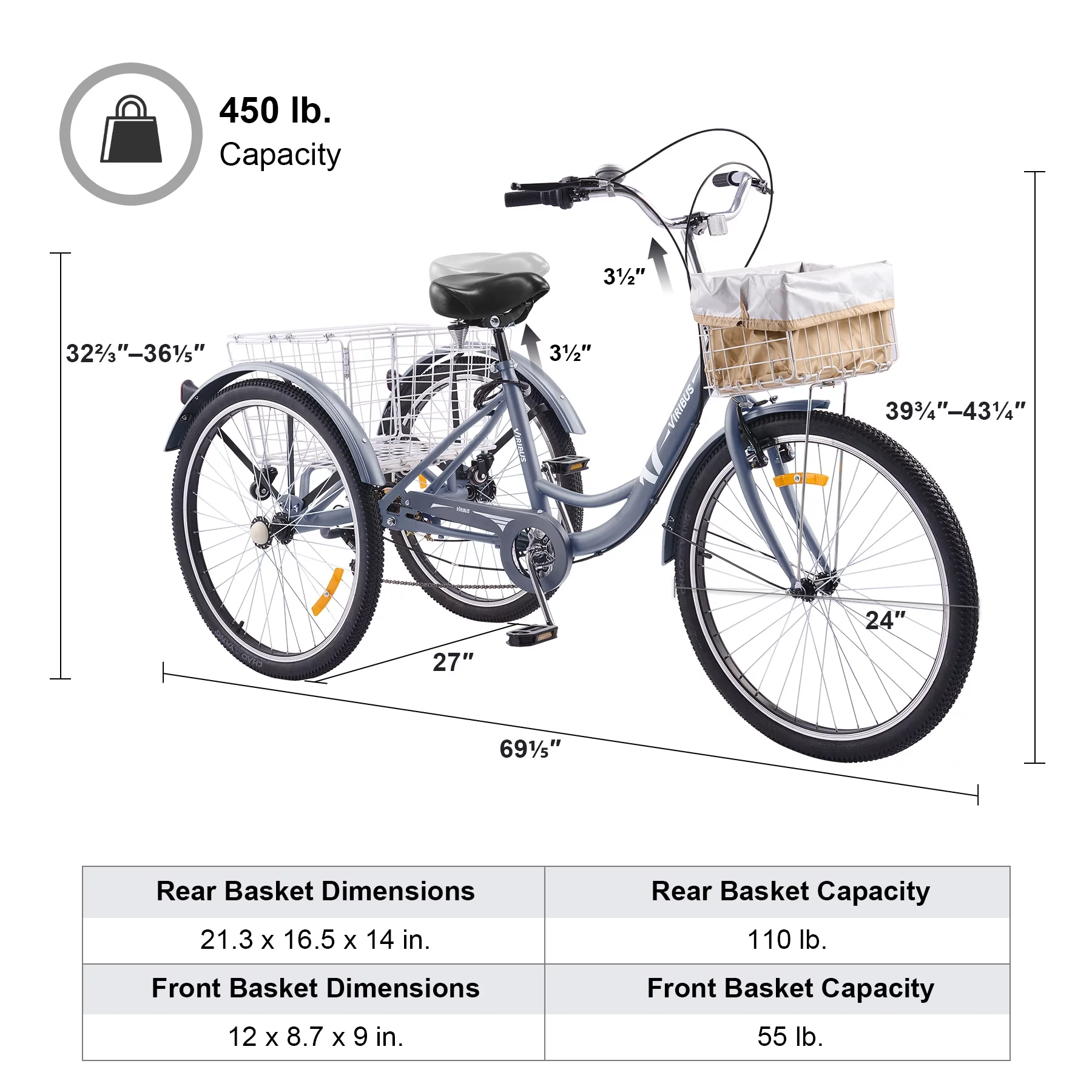 VIRIBUS 24 Inch Adult Exercise Trike 7 Speed with Front Rear Basket Matte Gray