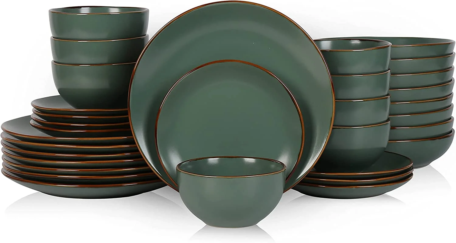 MINGFENG Brasa Modern Stoneware 32 Piece Dinnerware Sets, Plates and bowls Sets, Dish Set for 8, Green