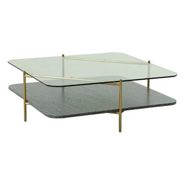 HomeRoots 488720 15.75 x 43.3 x 43.3 in. Gold & Clear Glass Square Coffee Table with Shelf