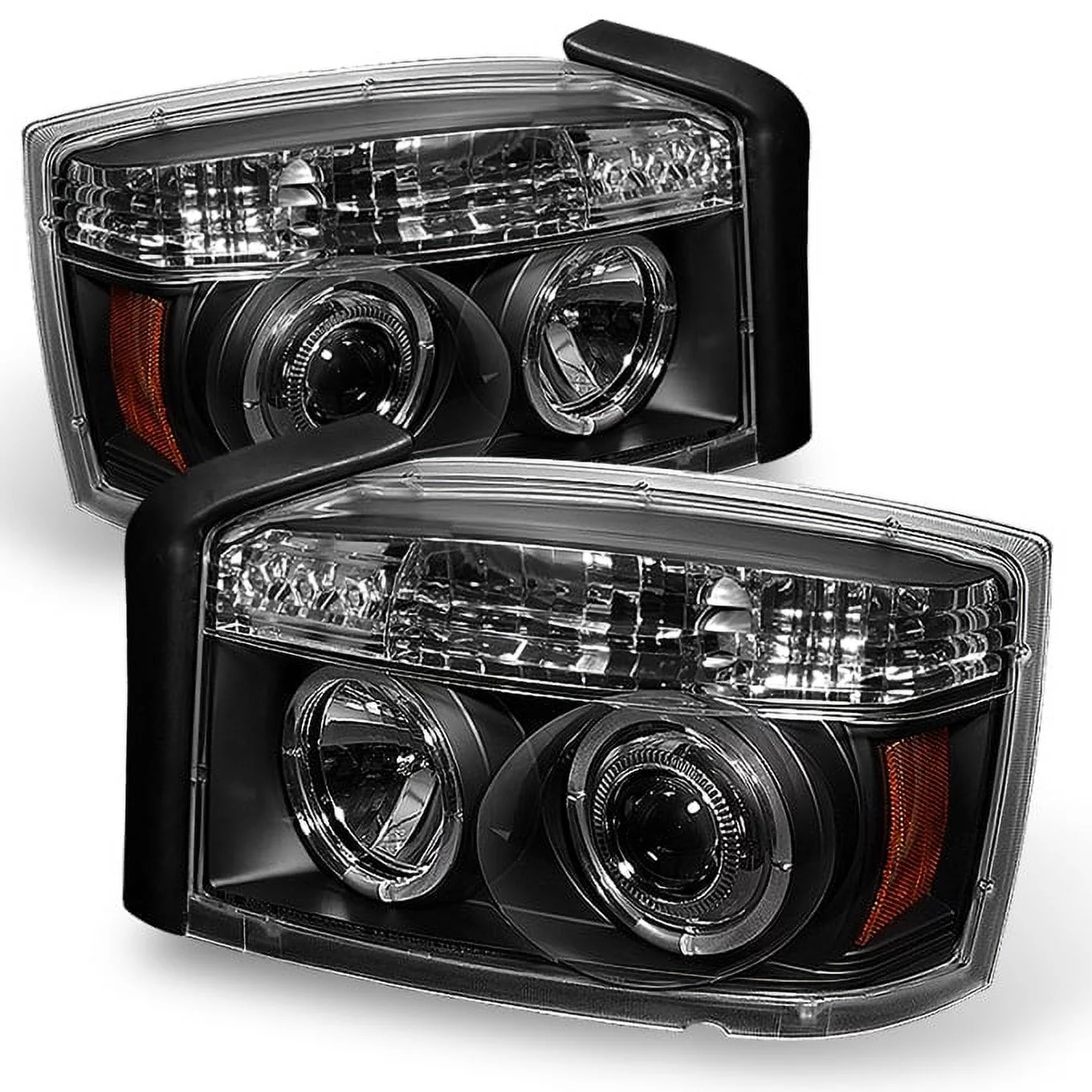 AKKON - For Dodge Dakota Pickup Truck Black Bezel Dual Halo Ring Design Projector Headlights Front Lamps Pair