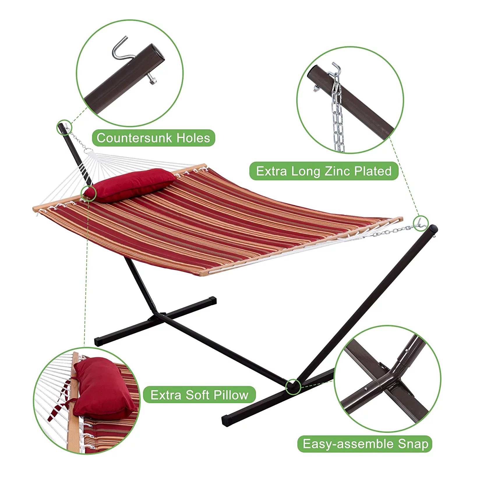 Lazy Daze Hammocks 12 Feet Steel Hammock Stand with Quilted Fabric Hammock Combo and Pillow, Red&Brown Stripe