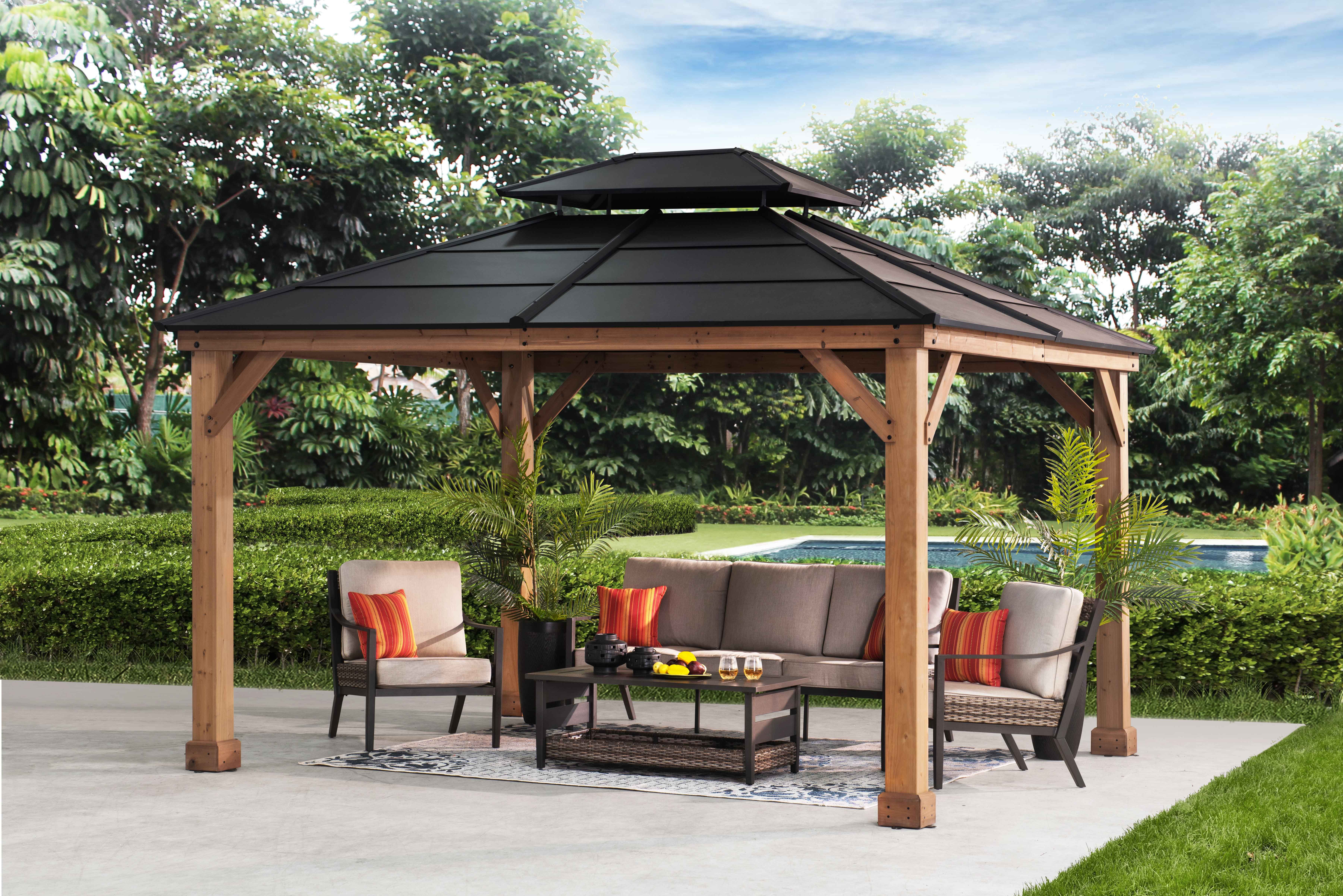 Sunjoy 11x13x10 Hard Top Patio/Outdoor 2-Tier Steel Roof Cedar Gazebo