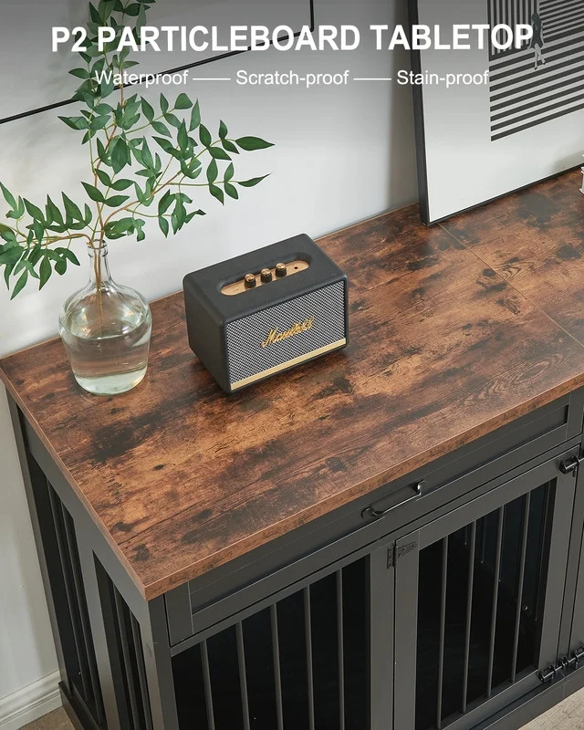 Large Dog Crate Furniture, 70.9”Double Dog Kennel Furniture with 2 Drawers and Removable Divider, XXL Heavy Duty Wood Dog Crate Table for 2 Dogs Indoor (Black)