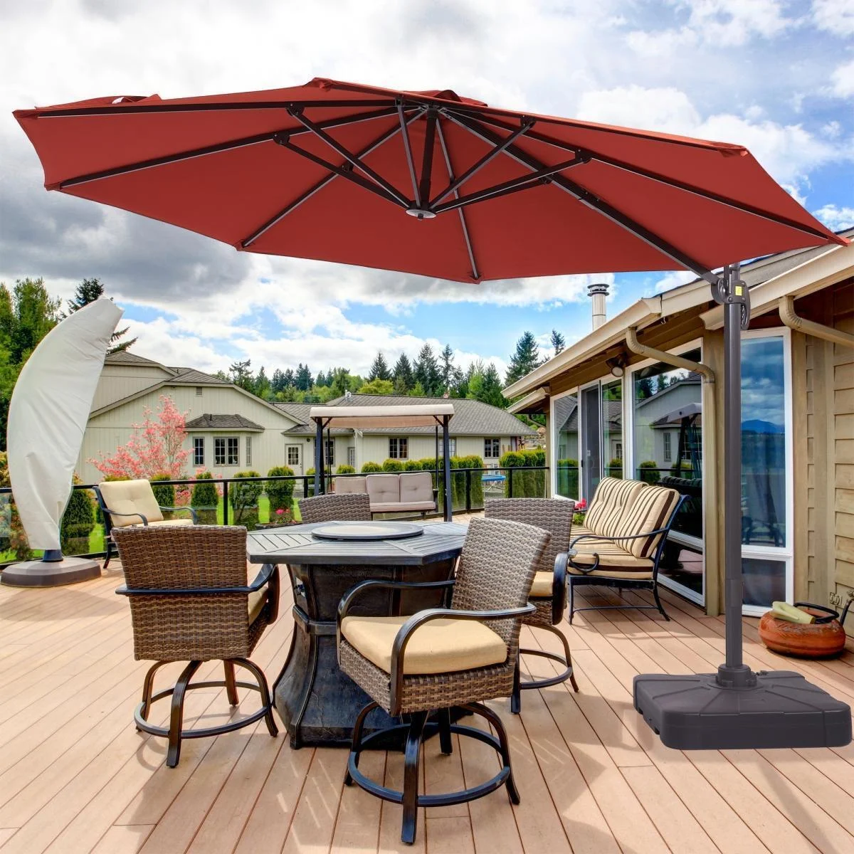 Wick’s Outdoor Living 10ft Large Cantilever Patio Outdoor Umbrella with Base (Burgandy)