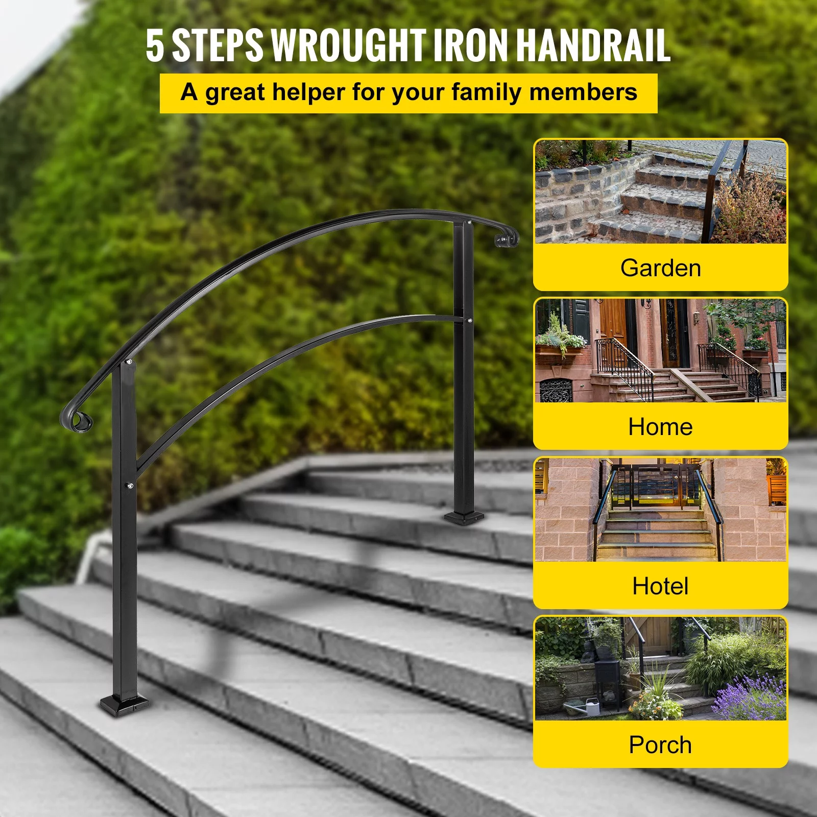 BENTISM 5FT Adjustable Wrought iron Transition Handrail Matte Black Fits 5 Steps