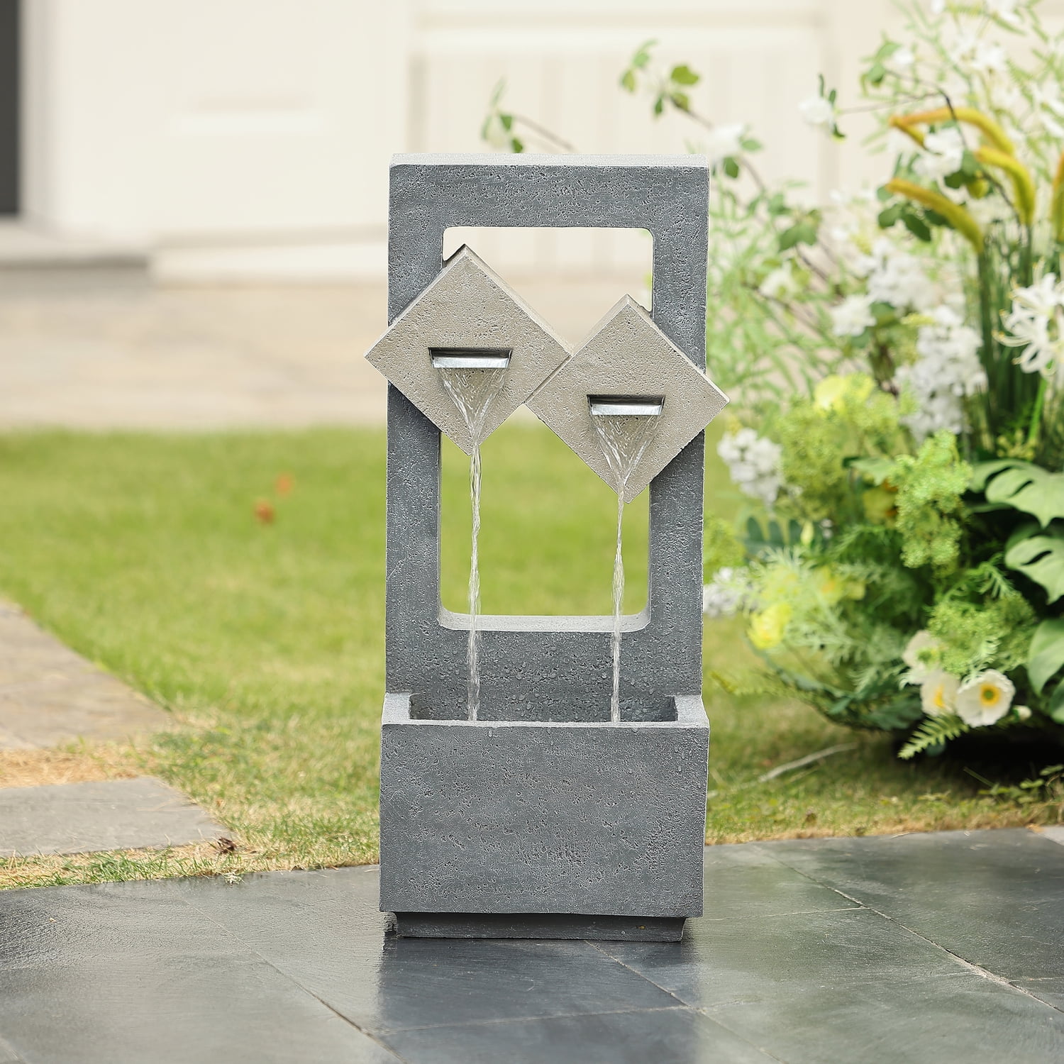 LuxenHome Cascading Gray Resin Rectangular Outdoor Fountain with LED Lights