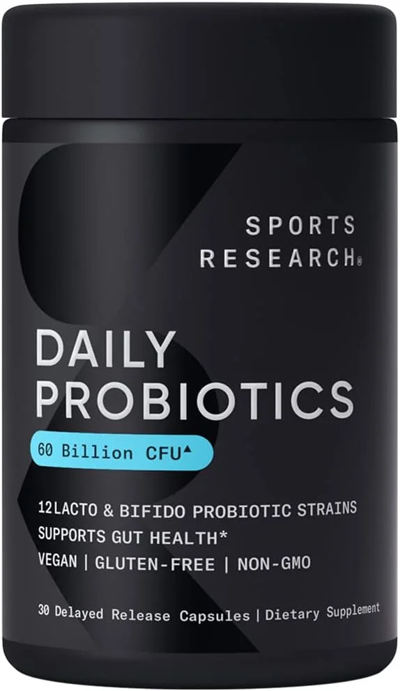 Sports Research Daily Probiotics with Prebiotics, 60 Billion CFU - Vegan Capsules for Gut Health & Digestive Support, Probiotics for Women & Men - Non-GMO Verified & Gluten Free - 30 Count