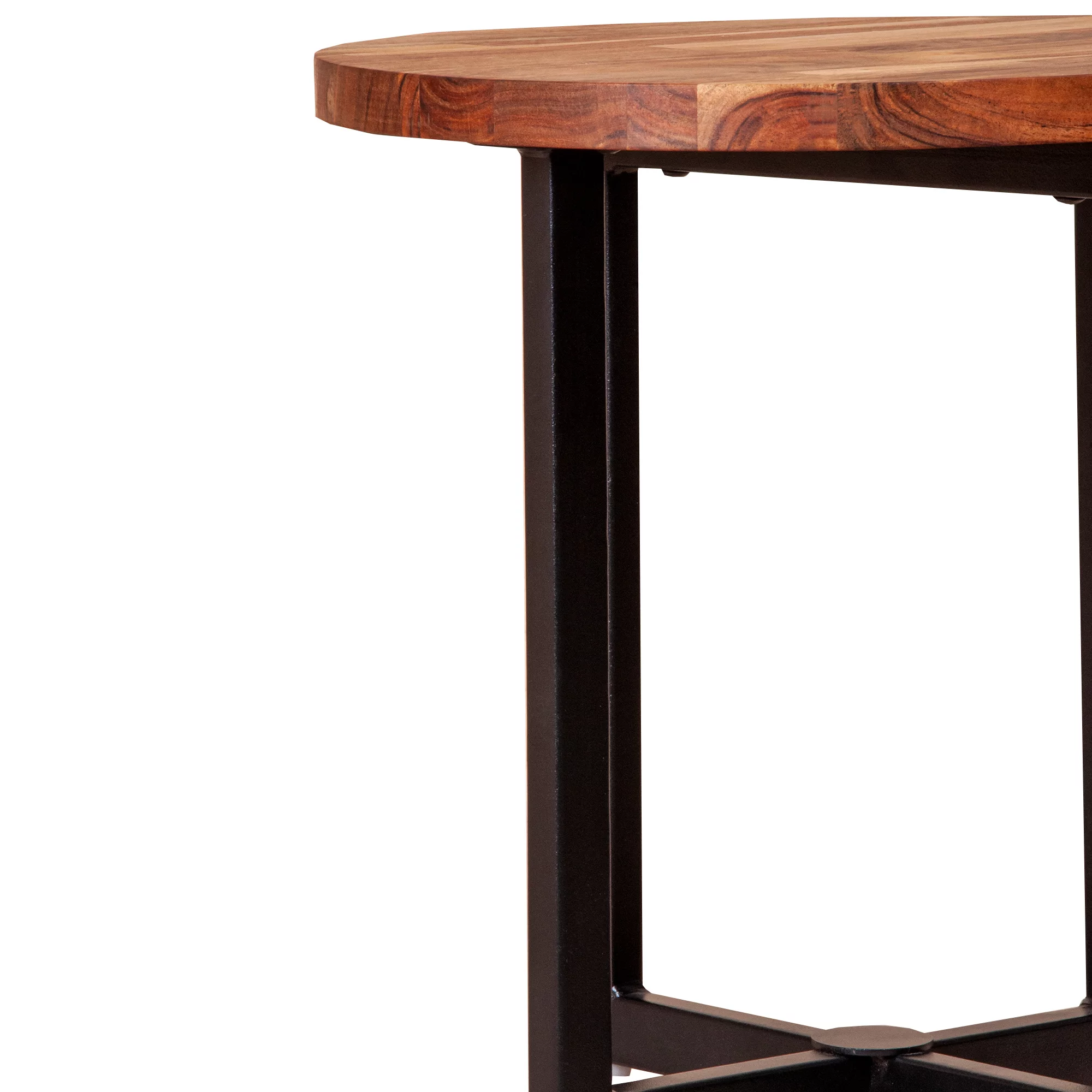 LANTRO JS Peter 18 Inch Round End Side Table, Solid Acacia Wood Tabletop, Steel Frame, Brown, Black