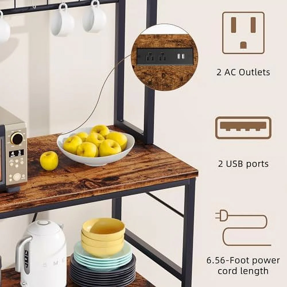 xrboomlife Kitchen Bakers Rack with Power Outlet  Coffee  Cabinet  Kitchen Racks with  Cabinet  5-Tier Microwave Stand with 10 Hooks and Metal Wire Panel (31.5''  Gray)