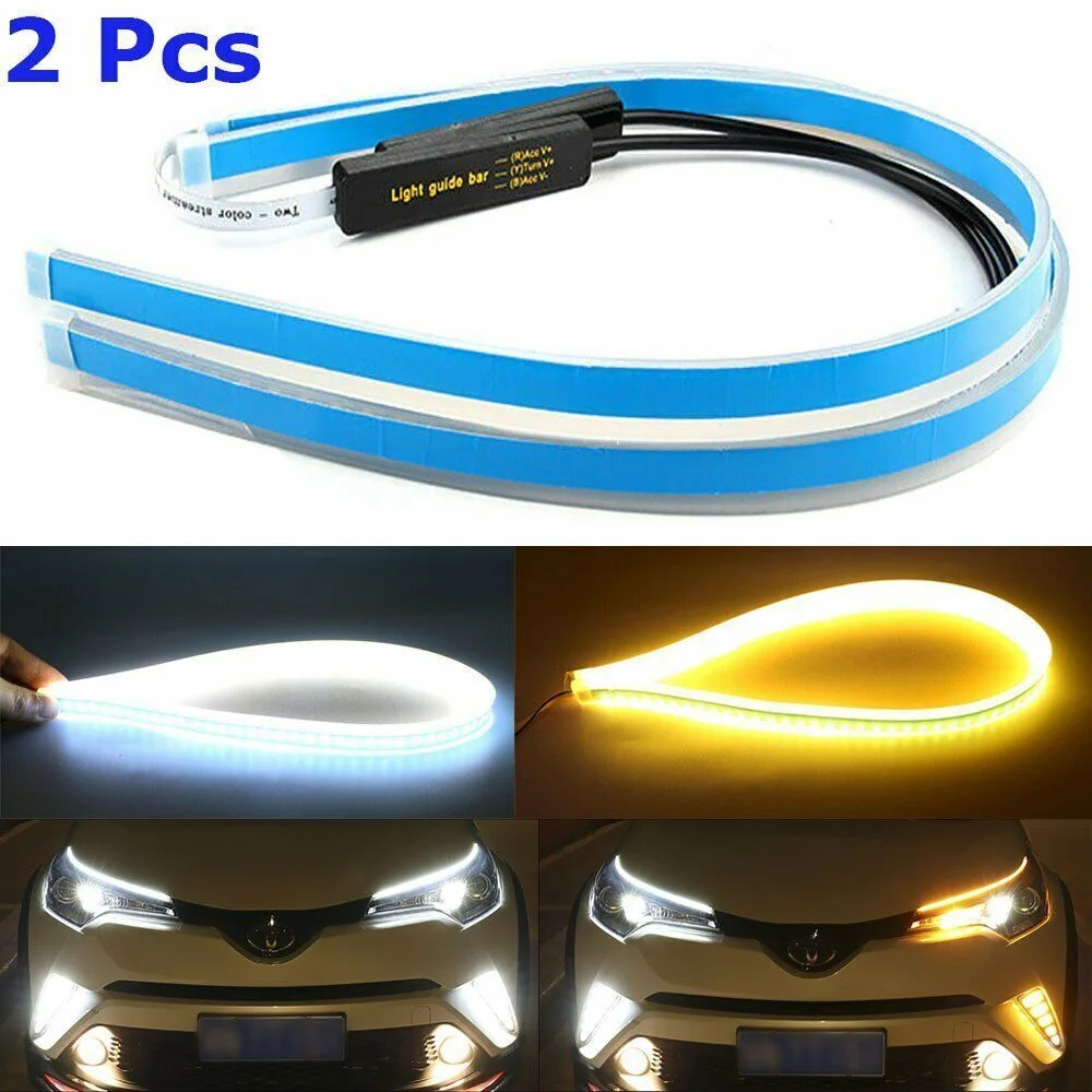 2x 60CM LED DRL Slim Amber Dynamic Flexible Turn Signal Strip For Headlight Lamp