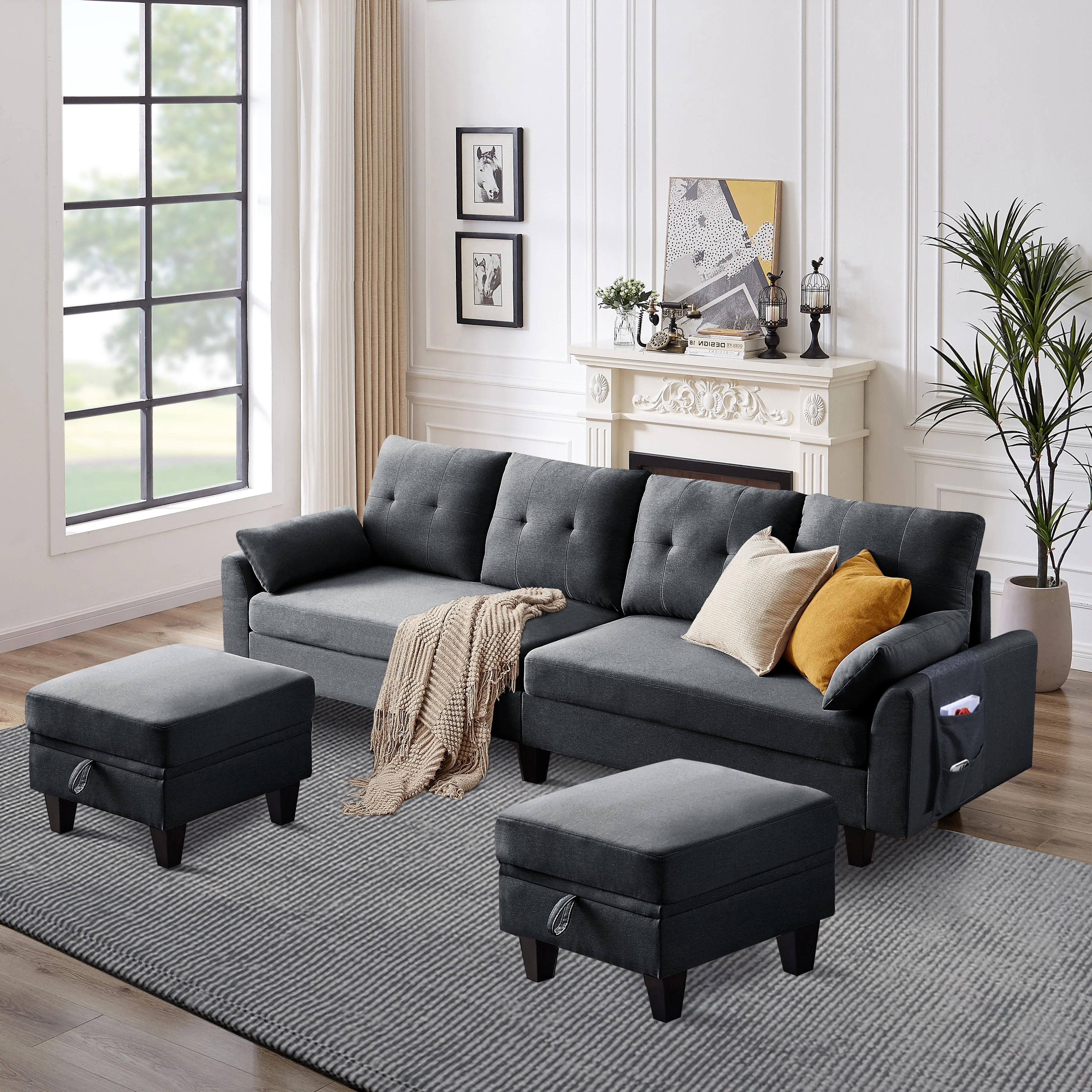 Bloomwhale Modular Sectional Sofa with Double Ottomans U-shaped 4 Seat Sofa Couch with Chaise and Storage for Living Room Home Office,Dark Gray