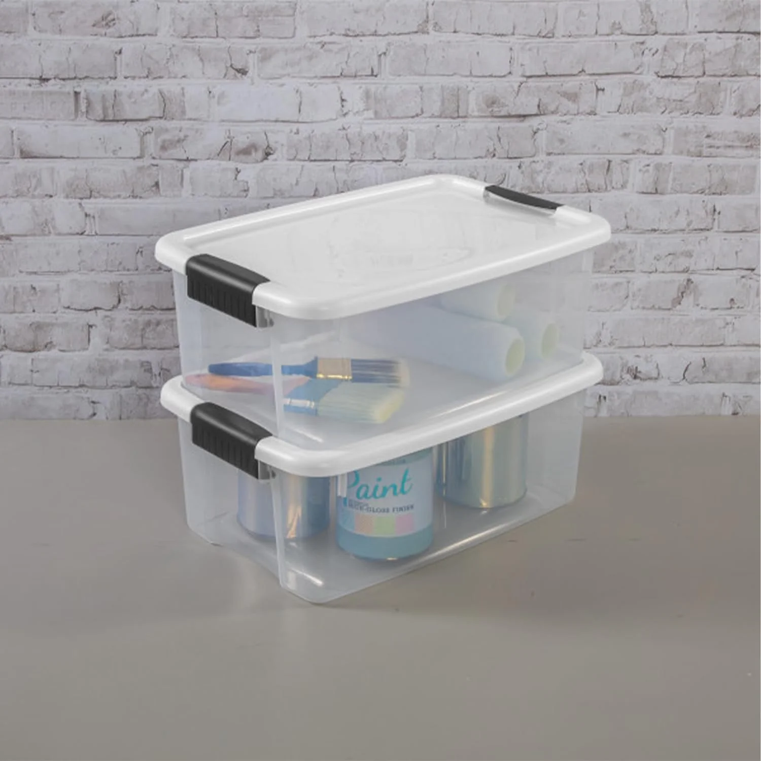 18 Qt Ultra Latch Box, Stackable Storage Bin with Lid, Plastic Container with Heavy Duty Latches to Organize, Clear and White Lid, 6-Pack