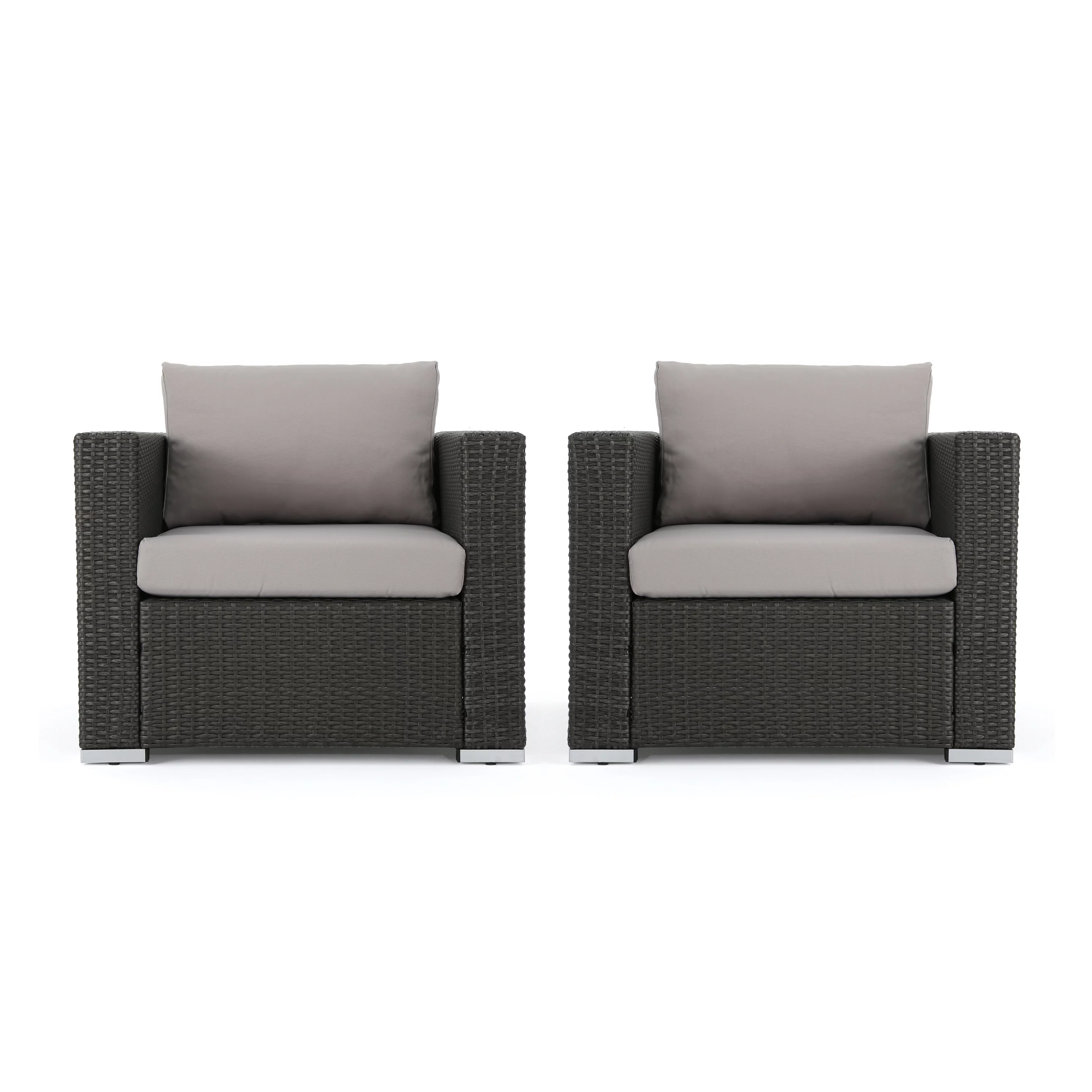 GDF Studio Avianna Outdoor Wicker Club Chair with Cushions, Set of 2, Gray, Light Gray