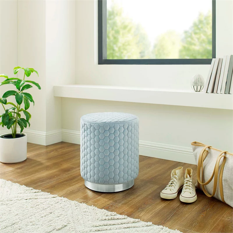 Linon Aiden Round Quilted Fabric Stool with Silver Metal Base in Blue