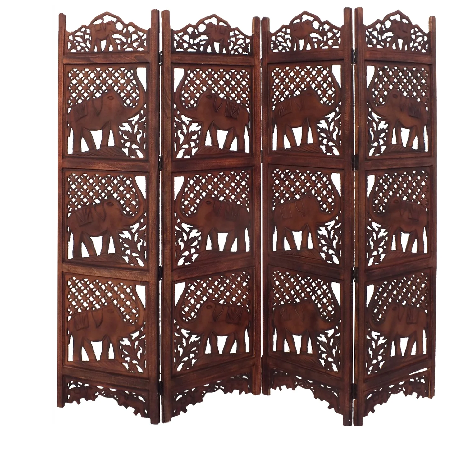Maykoosh Hollywood Regency Hand Carved Elephant Design Foldable 4 Panel Wooden Room Divider, Brown