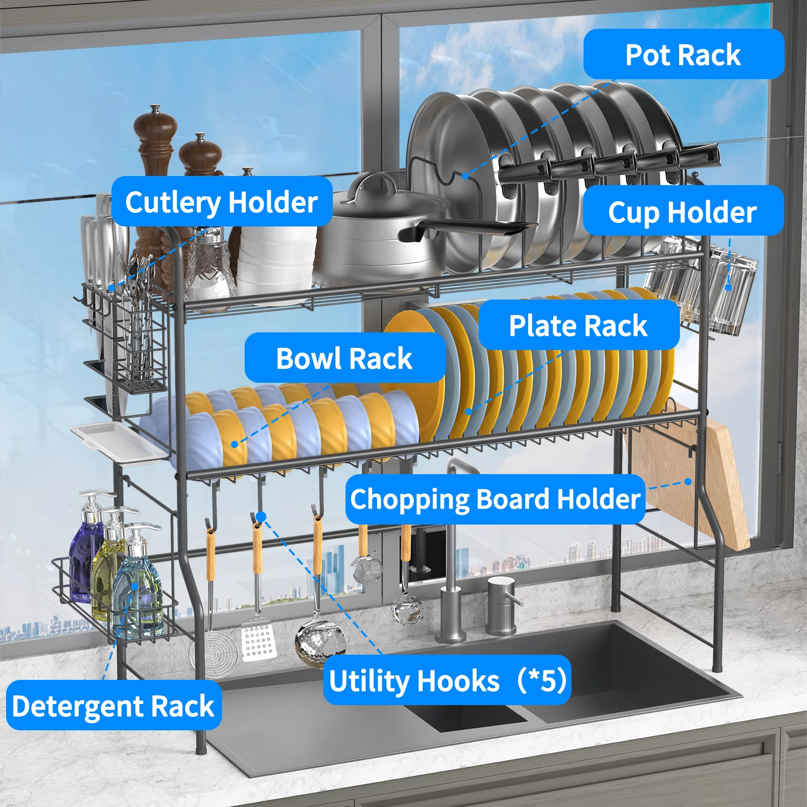 Over The Sink Dish Drying Rack, Auledio Stainless Steel 2 Tier Dish Rack Above Kitchen Sink Shelf Durable Dish Drainer, Black