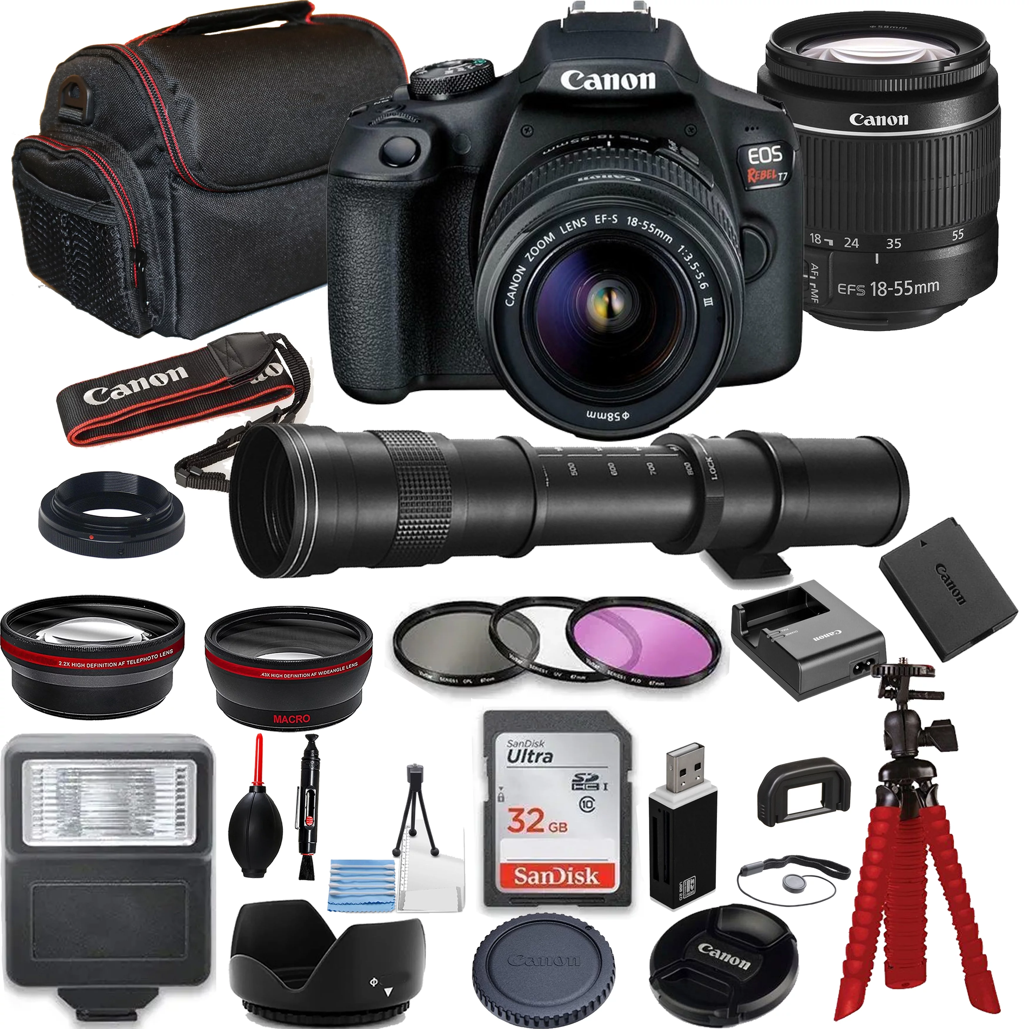 Canon EOS Rebel T7 DSLR Camera Bundle with Canon EF-S 18-55mm f/3.5-5.6 Lens + 420-800mm Telephoto Zoom Lens + SanDisk 32GB Memory Cards + Photography Kit