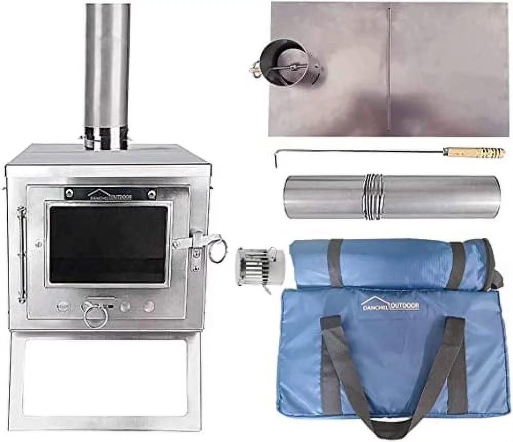 DANCHEL OUTDOOR Tiny Stainless Steel Folding Wood Stove,Portable Wood Stove with Glass, Backpacking Tent Stove with 7.2ft Pipes for Winter Camping